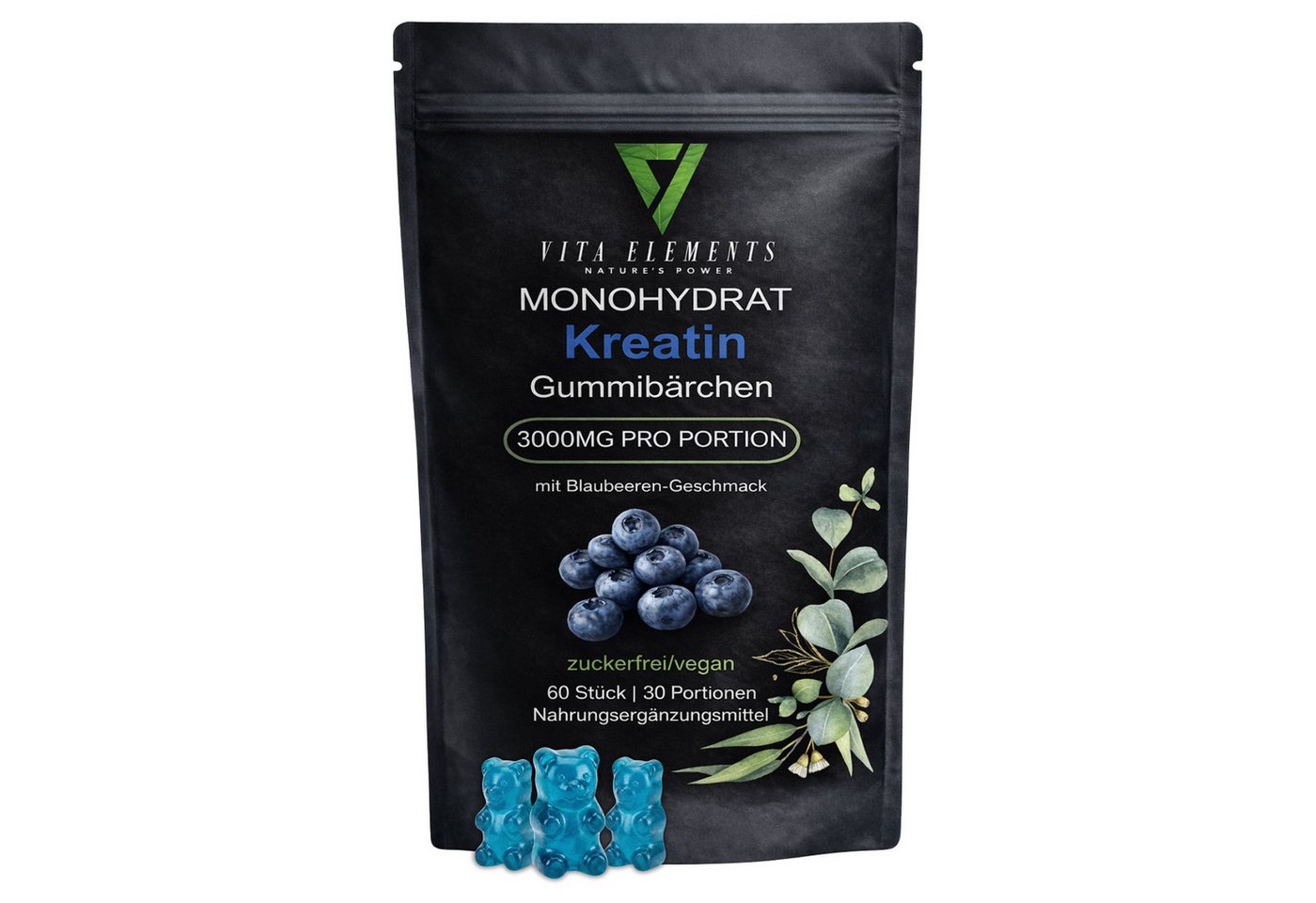 Vita Elements Kreatin Monohydrat Gummies - 3000mg pro Portion, 60 Gummibärchen, 1 er Packung à 60 St., Blaubeeren-Geschmack, Vegan, Gentechnikfrei, Zuckerfrei, Laborgeprüft