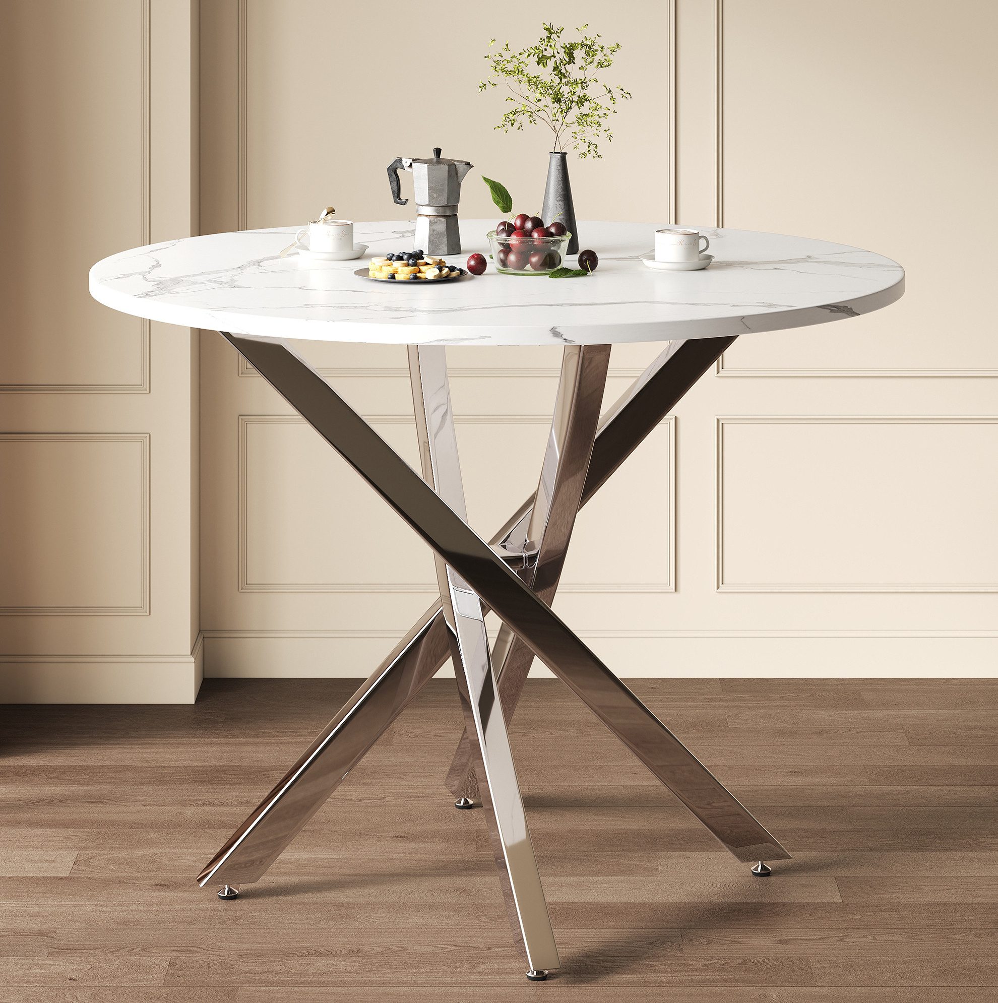 MODFU Esstisch Runder Tisch mit Marmoroptik & stabilen Metallbeinen (Packung, 1-St., Weiß+Silber, für Esszimmer & Küche), 80×80×75 cm, verchromte Silberbeine