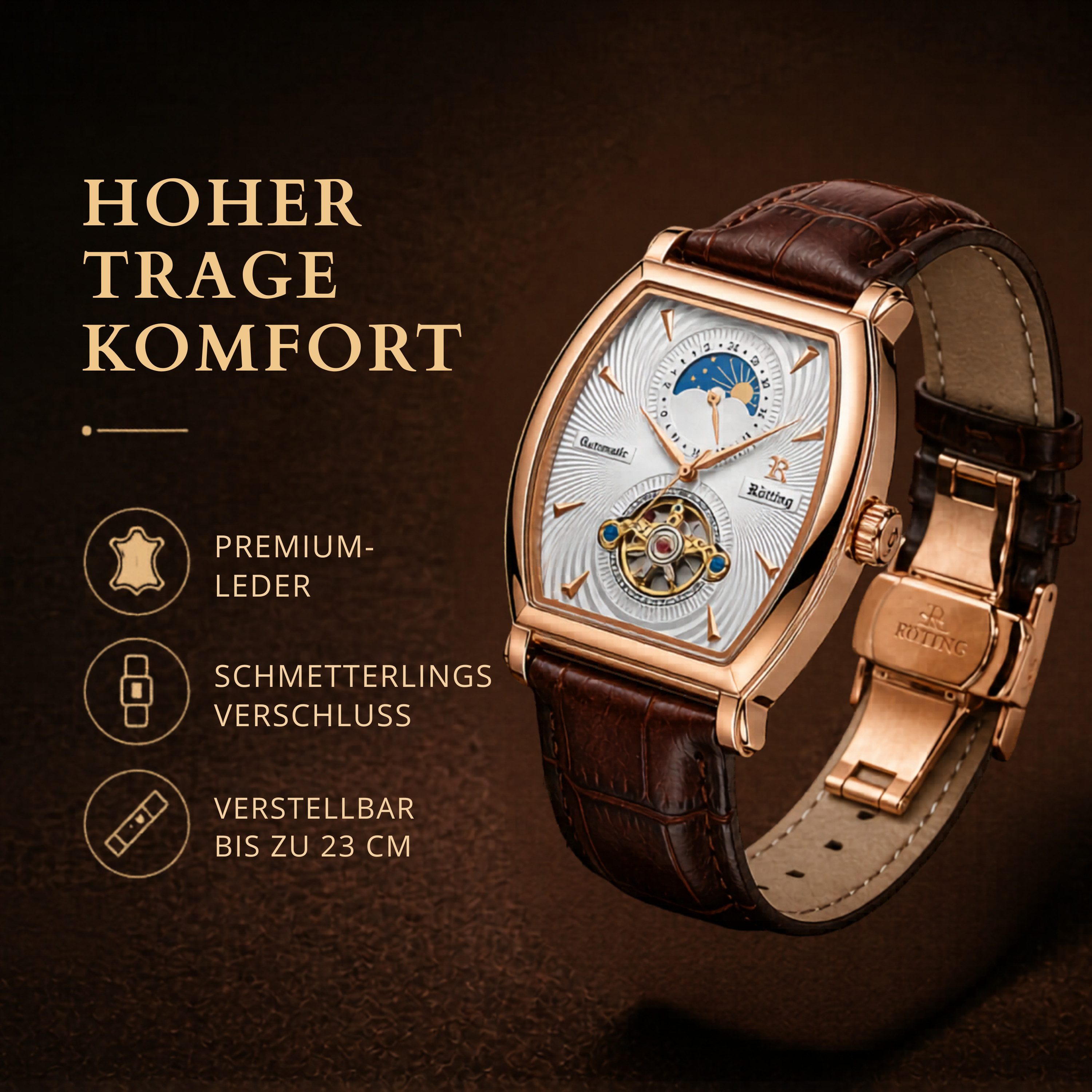 Rötting Design Automatikuhr Herren - offene Unruhe & Glasboden - Herrenuhr Automatik - Armbanduhr, Goldrosefarbenes Gehäuse - Lederarmband, mechanisch 24h Anzei – Bild 5 von 5