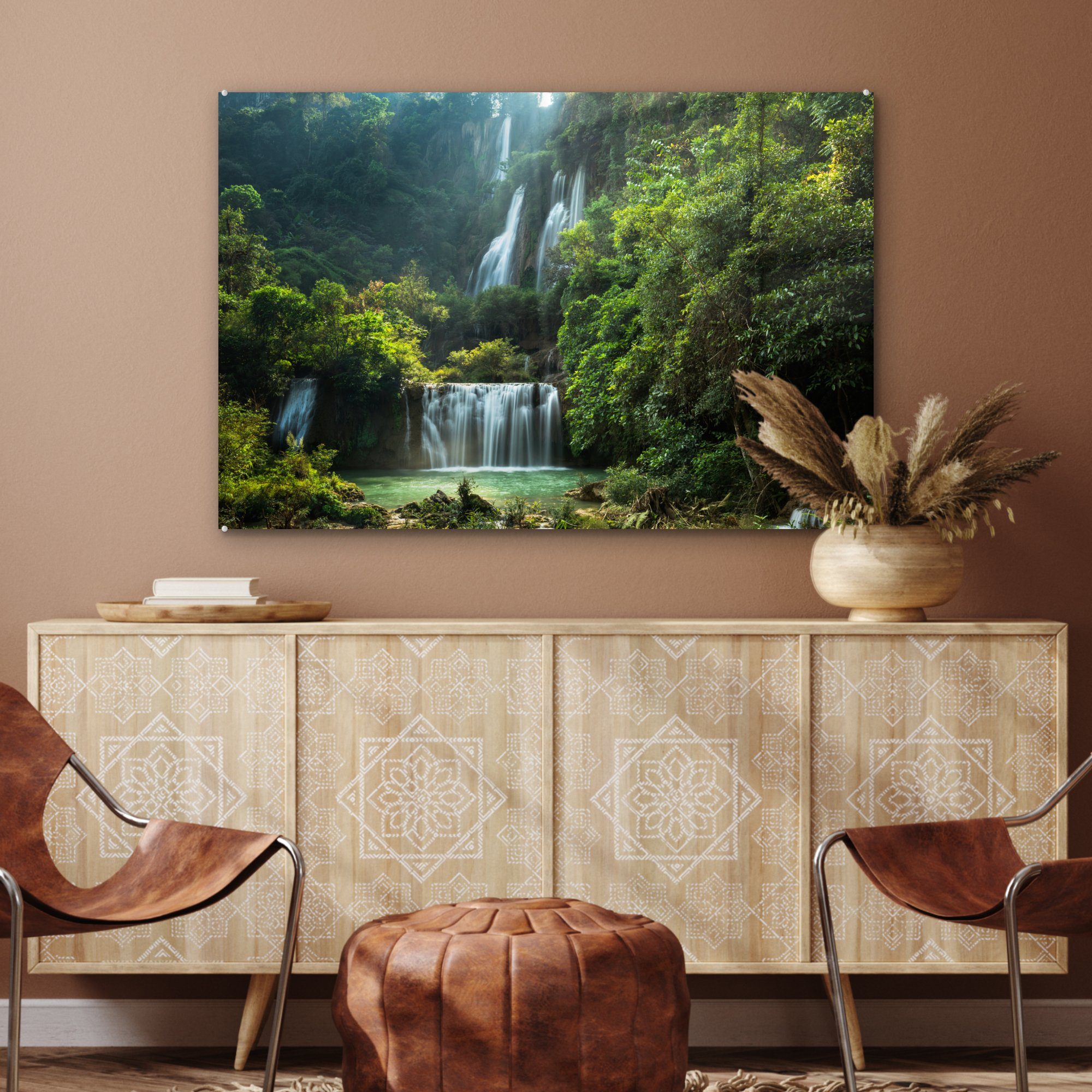 MuchoWow Wohnzimmer St), Schlafzimmer & - - (1 Acrylglasbild Wasserfall Thailand Dschungel, Acrylglasbilder