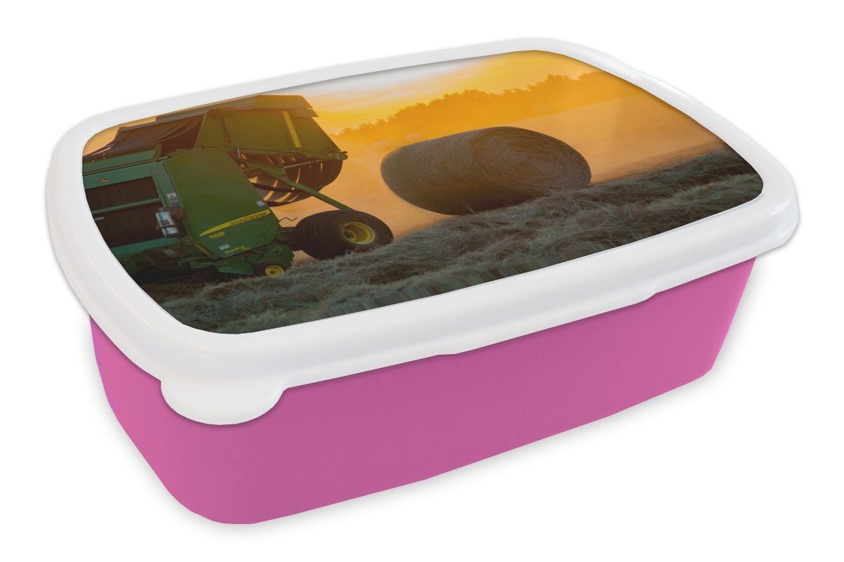 MuchoWow Lunchbox Bauernhof - Heu - Wiese - Feld - Sonne - Orange, Kunststoff, (2-tlg), Brotbox für Erwachsene, Brotdose Kinder, Snackbox, Mädchen, Kunststoff rosa