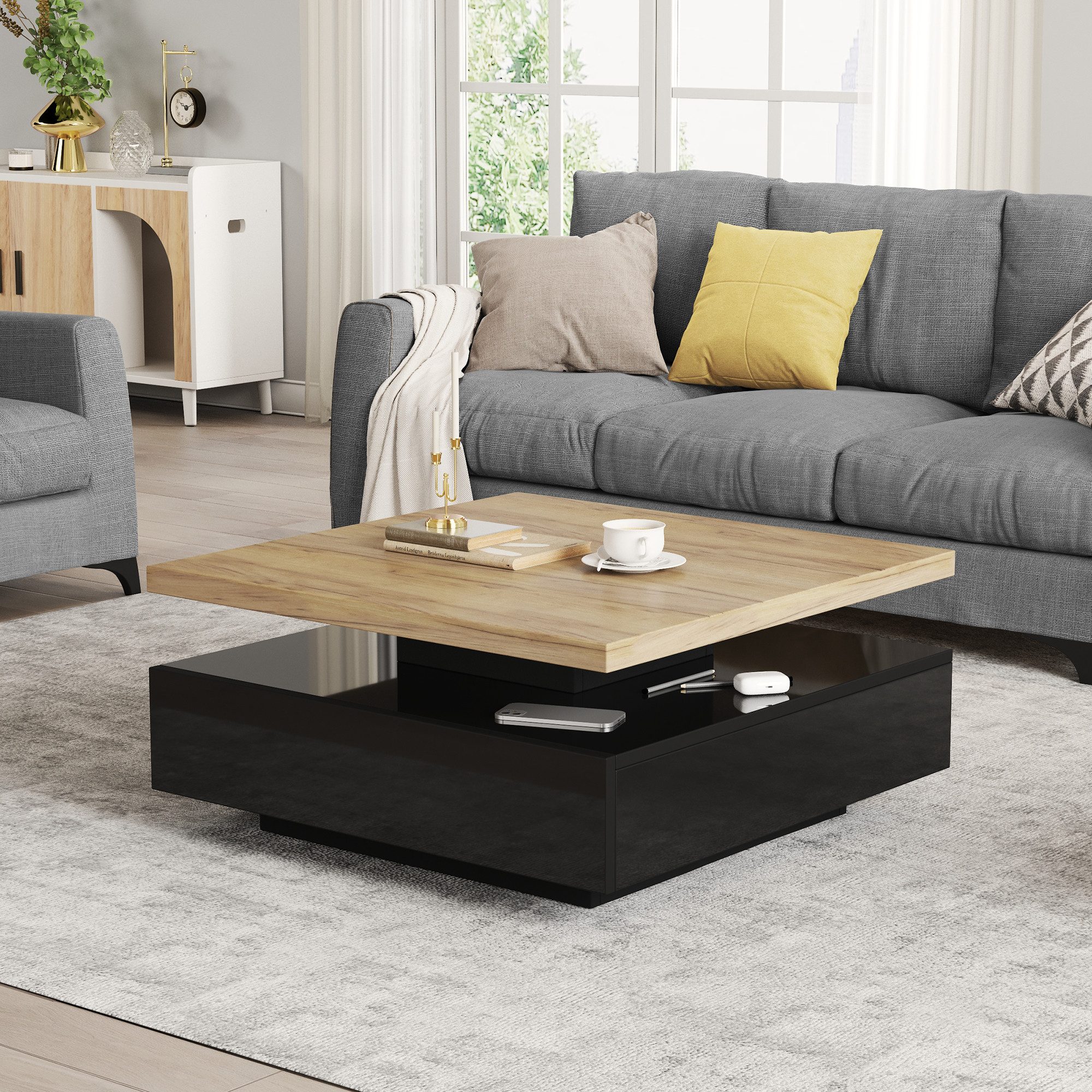 MODFU Couchtisch quadratische 360° schwenkbare Kaffeeschublade (Satztisch, Wohnzimmertisch Beistelltisch, 1-St., Nussbaum-Spanplattenrahmen. 1 Schublade), Hochglanz 2-stufiger mittig schwenkbarer Tisch