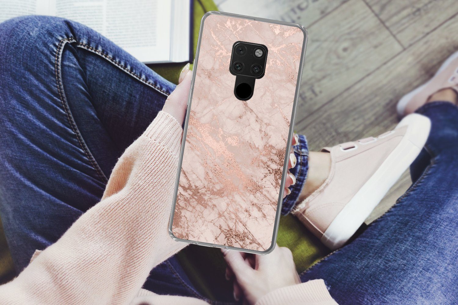 MuchoWow Handyhülle für Huawei P40 Lite Marmor - Rosa - Luxus - Marmoroptik - Glitzer - De, Handy Case, Silikon, Bumper Case Dünn