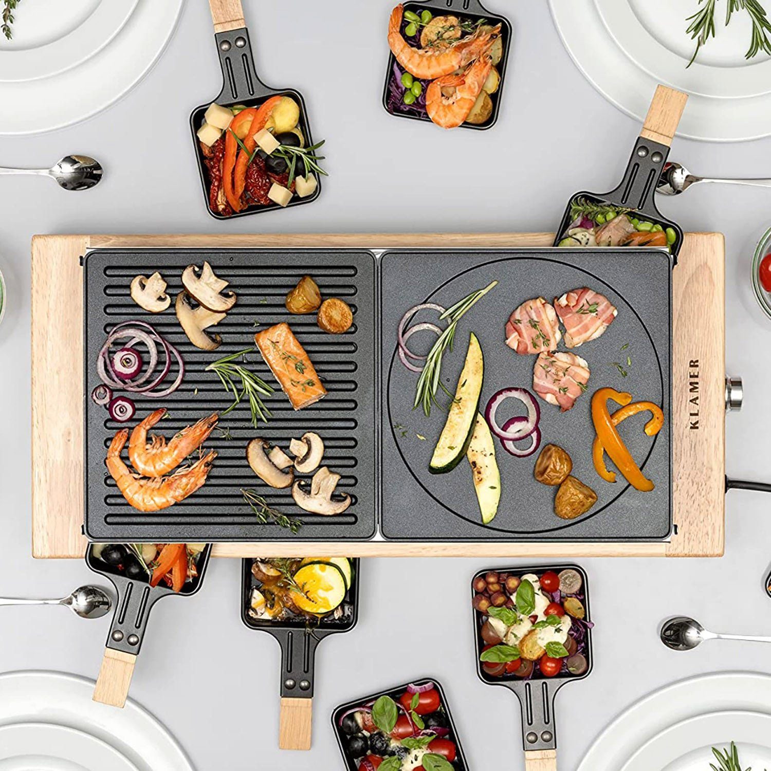 KLAMER Raclette 8 Personen, 1500W Raclette Grill mit Holzgestell, Raclette mit antiha…, 8 Raclettepfännchen