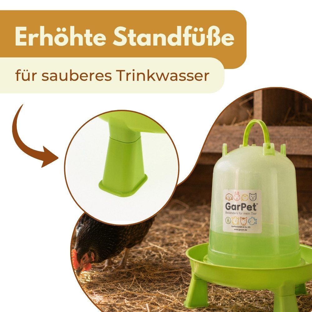 GarPet Wasserspender Geflügeltränke mit Stand Füße grün Hühner Tränke automatisch Wachtel 1.5 l