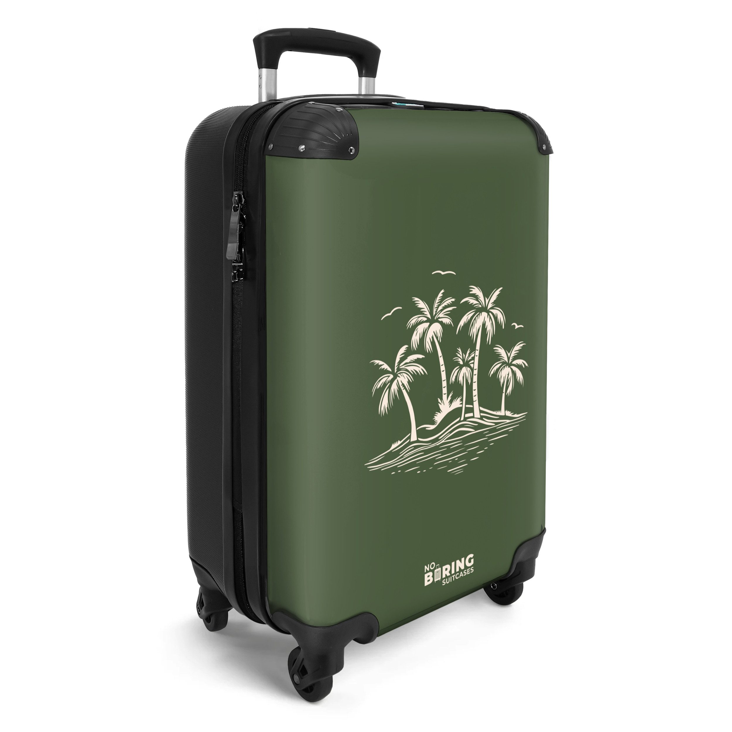 NoBoringSuitcases.com© Hartschalen-Trolley Grün mit beigen Palmen günstig online kaufen