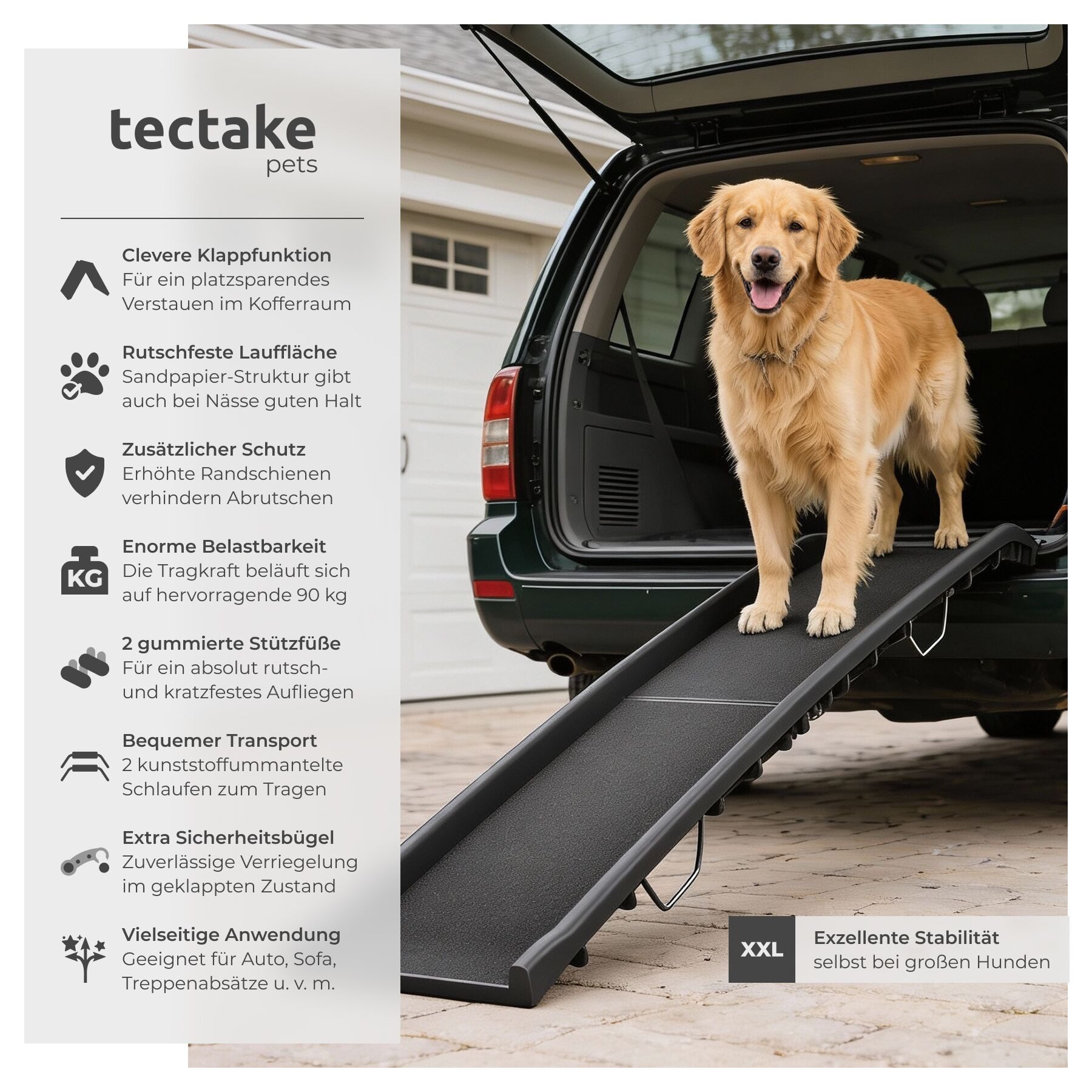 tectake Hunderampe Einstiegsrampe für Hunde, 155 x 40 x 14 cm, klappbar und rutschfest (Klapprampe Paw Step, in schwarz), Belastbarkeit 90 kg, mit kunststoffummantelten Trageschlaufen