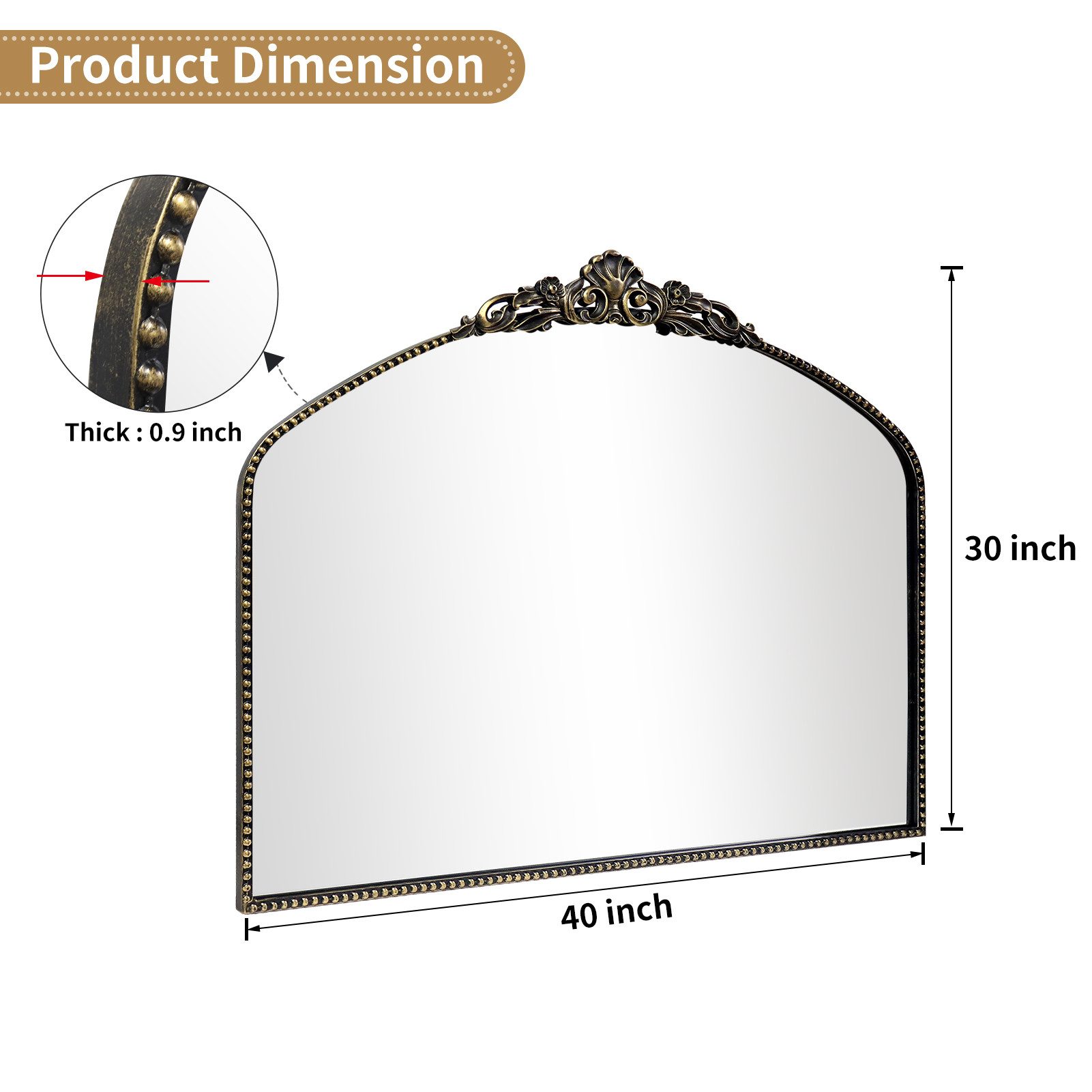 G-LEAF Spiegel Antiker Spiegel im Barockstil mit Metallrahmen von Perlenverzierung (1-St), Bogen-Wandspiegel, 102cm x 76cm, Vintage-Schwarz – Bild 4 von 5