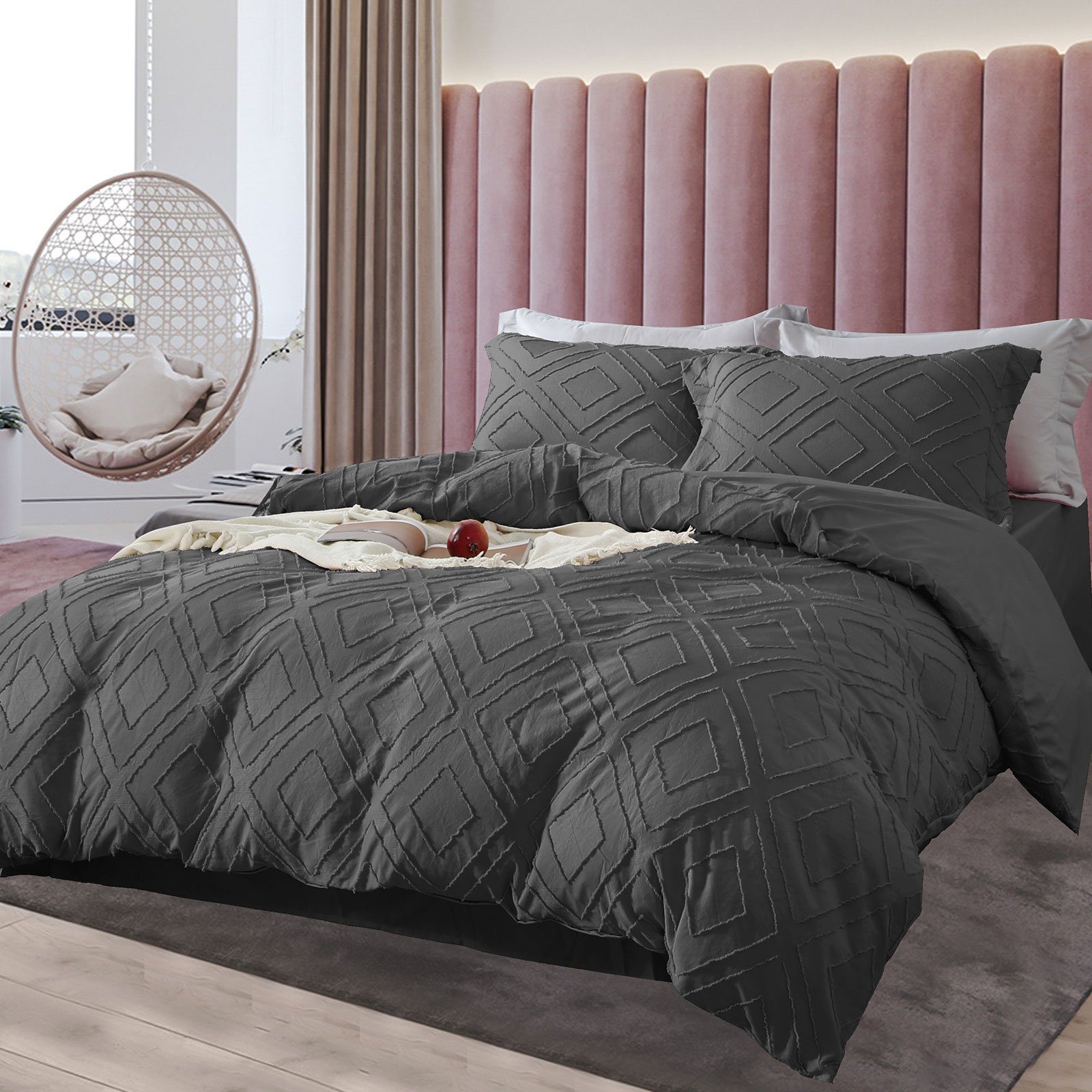 KEAYOO Bettwäsche JHRH, 2 teilig, Wendebettwäsche in Hoch-Tief Struktur mit Diamantgitter