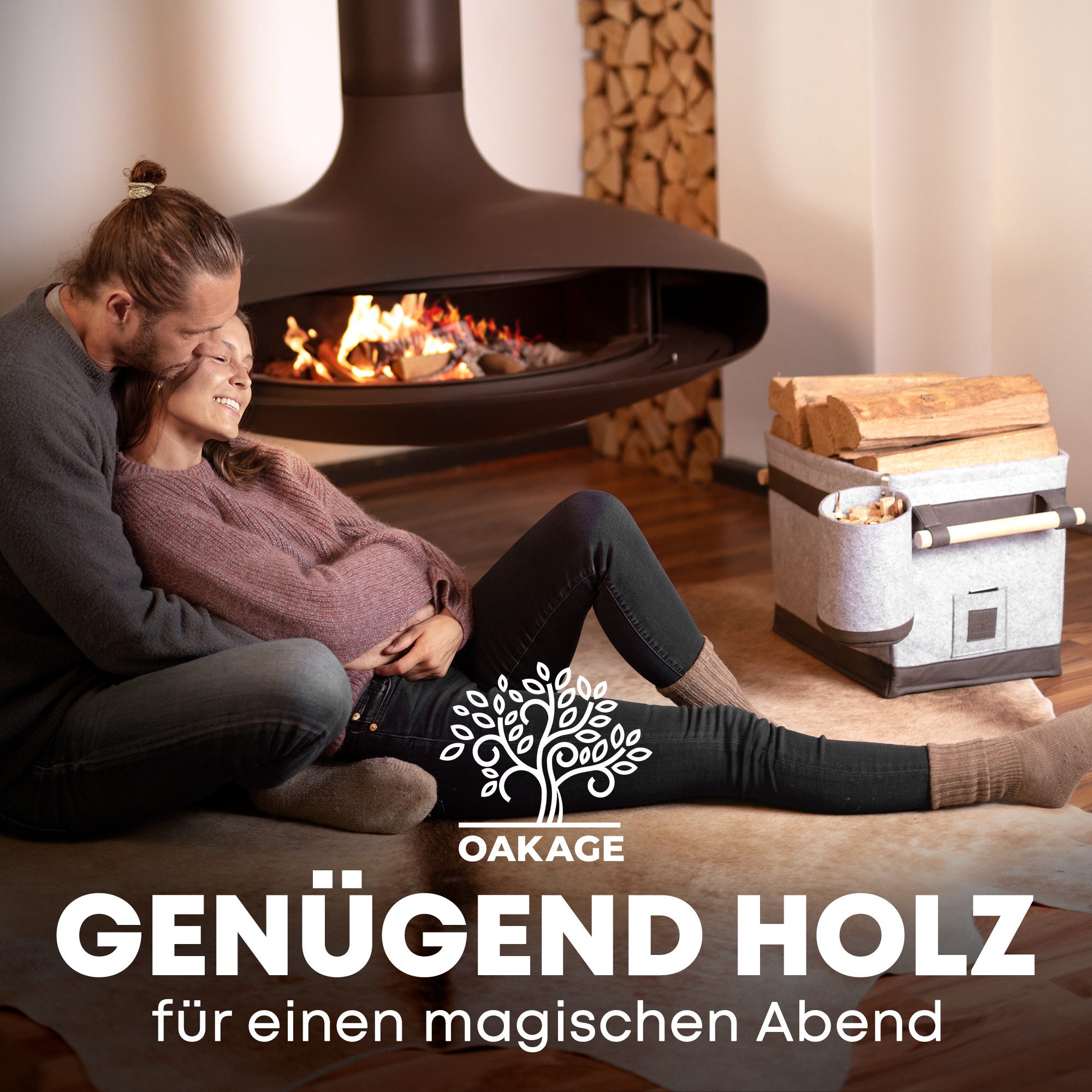 OAKAGE Kaminholzkorb Holzkorb für Kaminholz Groß mit Lederboden Feuerholzkorb Kaminkorb (Set, 1 x Holzkorb + 1 x Zündholzkorb), Schmutzabweisendes Innenfutter und Lederboden