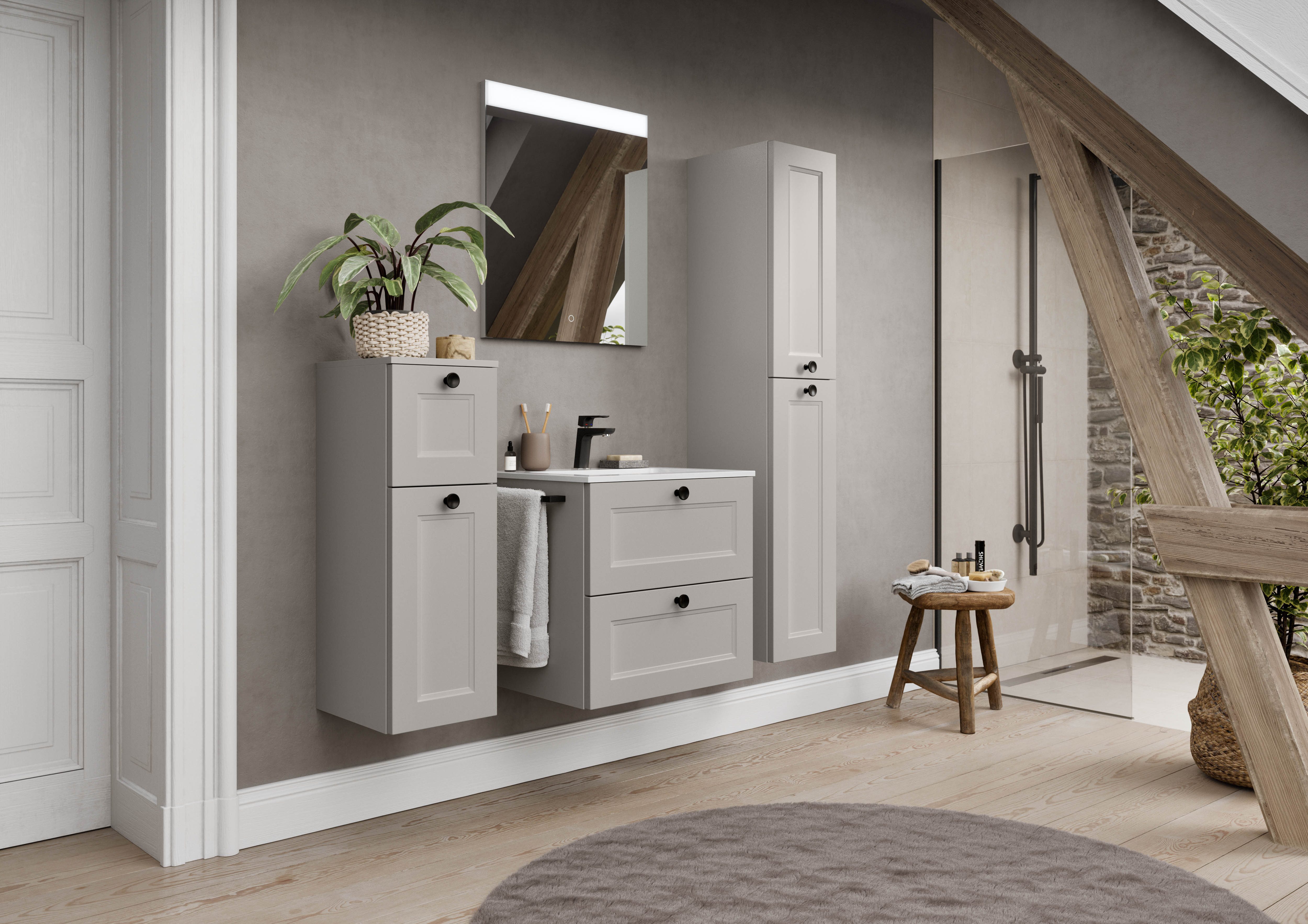 nobilia® Badmöbel-Set Cascada, (Set, 4-St., mit Waschbecken, inkl. beleuchtetem Spiegel mit Touch-Sensor), vormontiert, mit Soft-Close, in vier Breiten