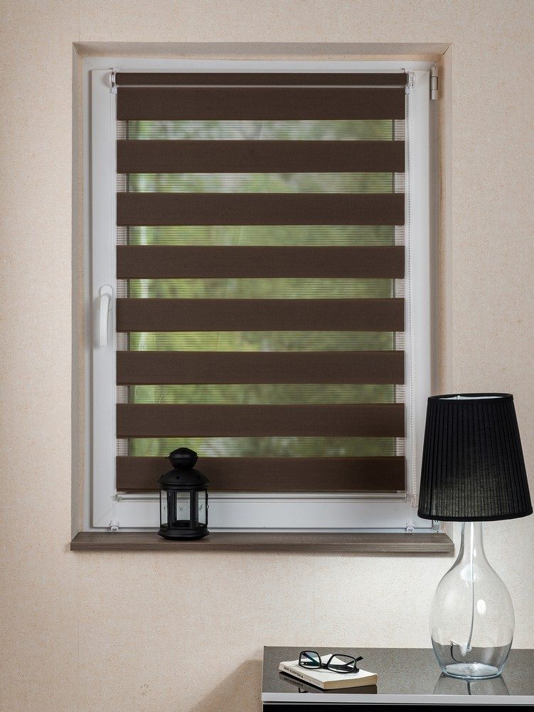 Doppelrollo, MDEKOR, Pflegeleichtes Rollo, stufenlos verstellbar, einfache Montage, Braun 42x150 cm