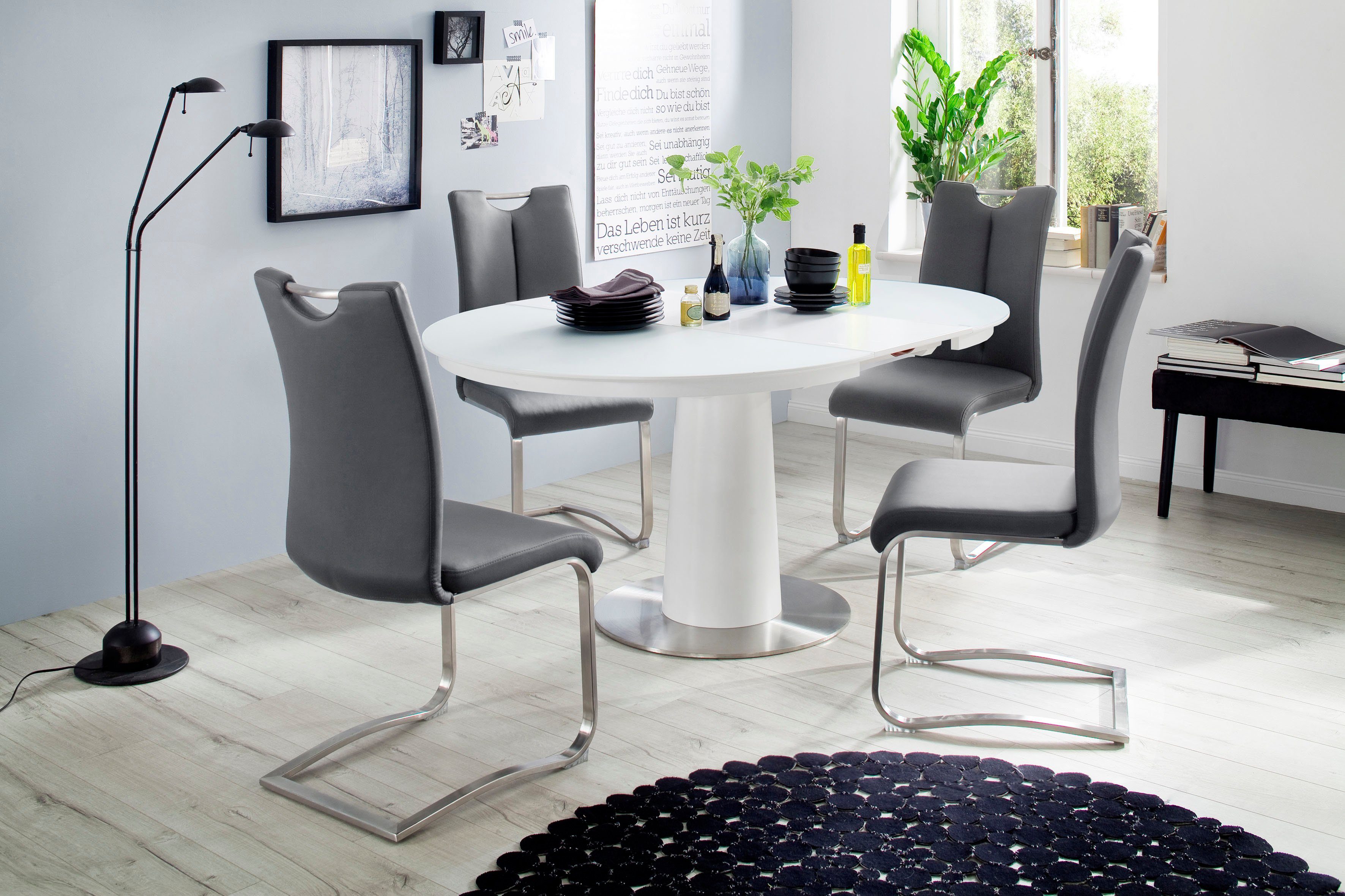 MCA furniture Esstisch Waris, Esstisch mit Weiß mit Rund Synchronsauszug, Sicherheitsglas matt