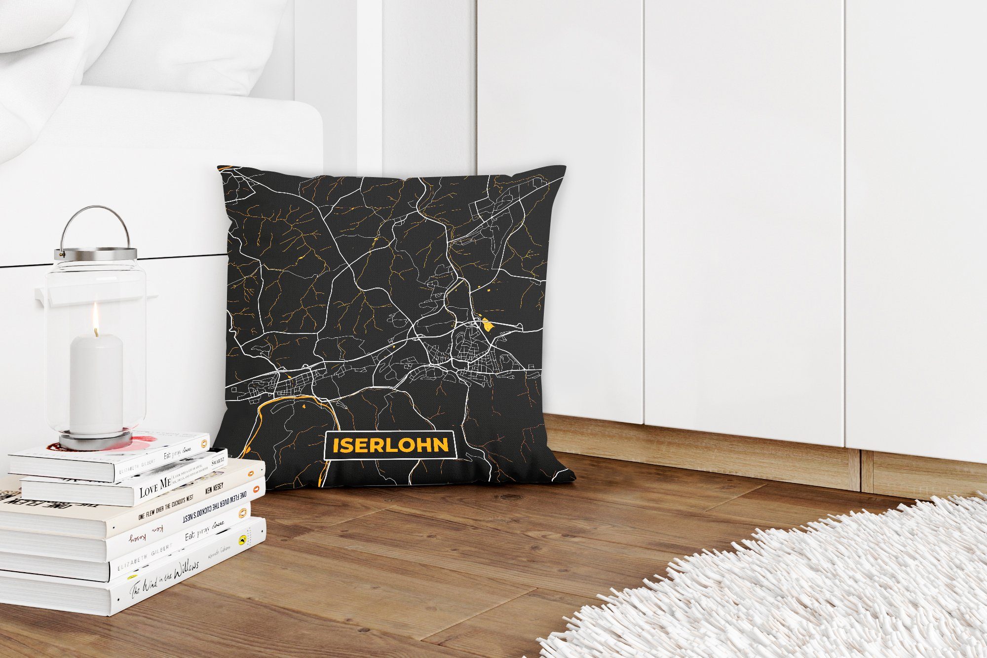 Füllung Schlafzimmer, mit Deutschland MuchoWow Dekokissen Zierkissen - Karte Gold Sofakissen für Deko, Stadtplan - - - Wohzimmer, Iserlohn,