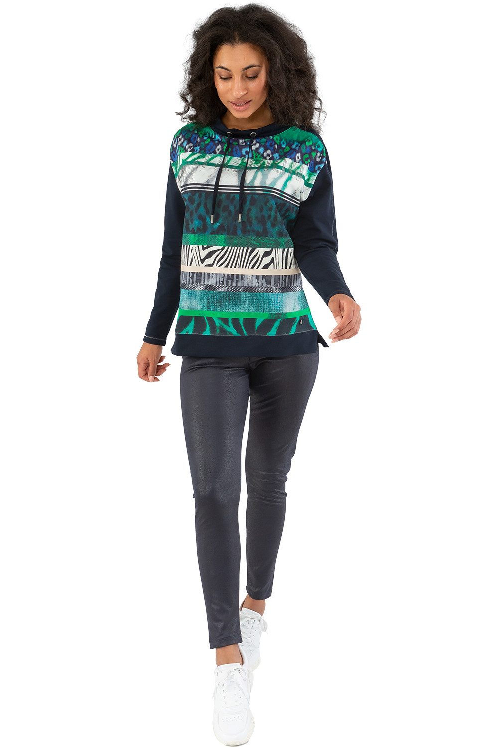 Gio Milano Streifenpullover G29-7104, Animal Print just fashion mit Tunnelzugkragen seitliche Seitenschlitze am Saum