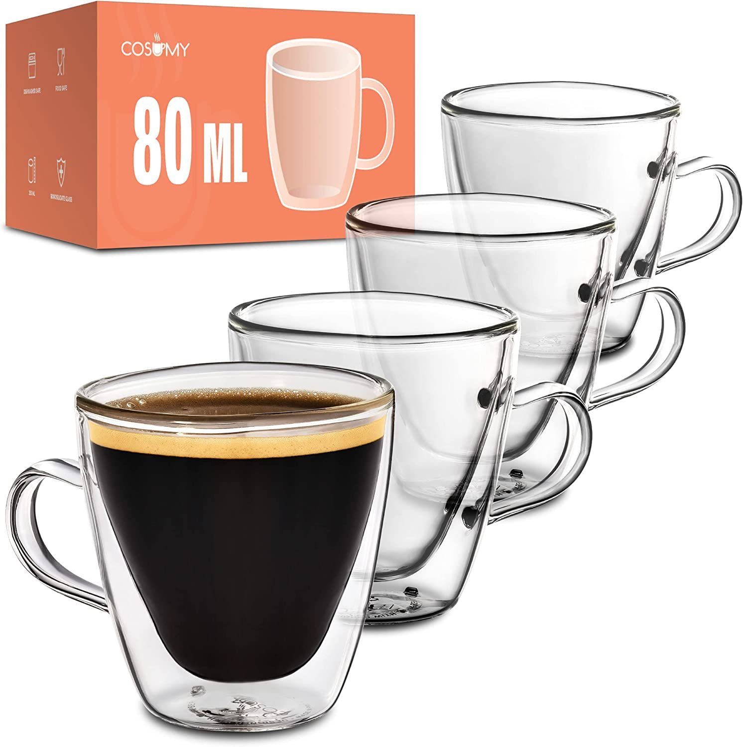 Cosumy Gläser-Set 4 doppelwandige Espressogläser 80ml mit Henkel, Glas, Espressotassen aus Glas mit Henkel - 4er Set