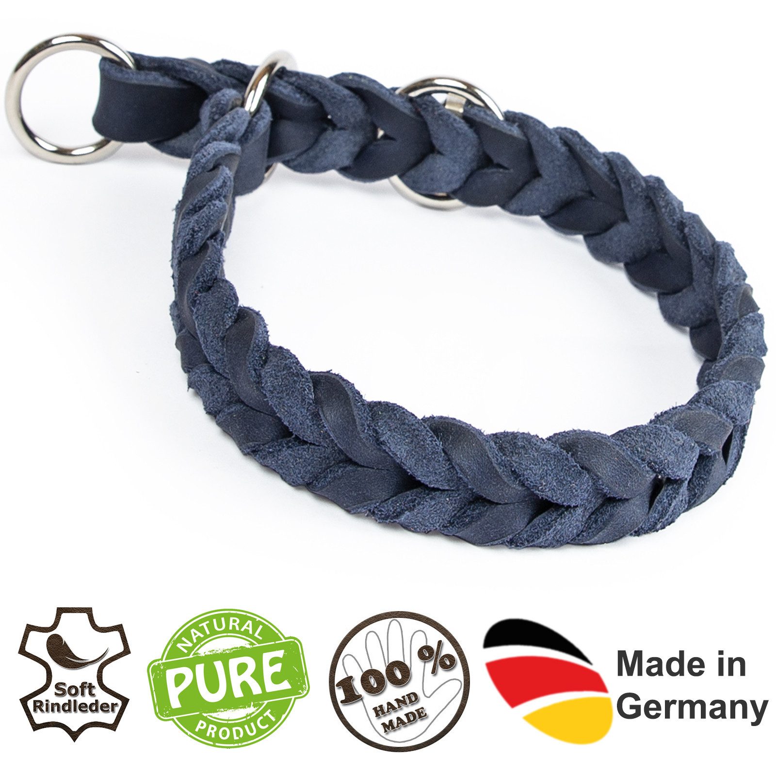 CopcoPet Hunde-Halsband Fettlederhalsband mit Zugstopp Ring, Verchromt, Leder, Geflochten, Handarbeit