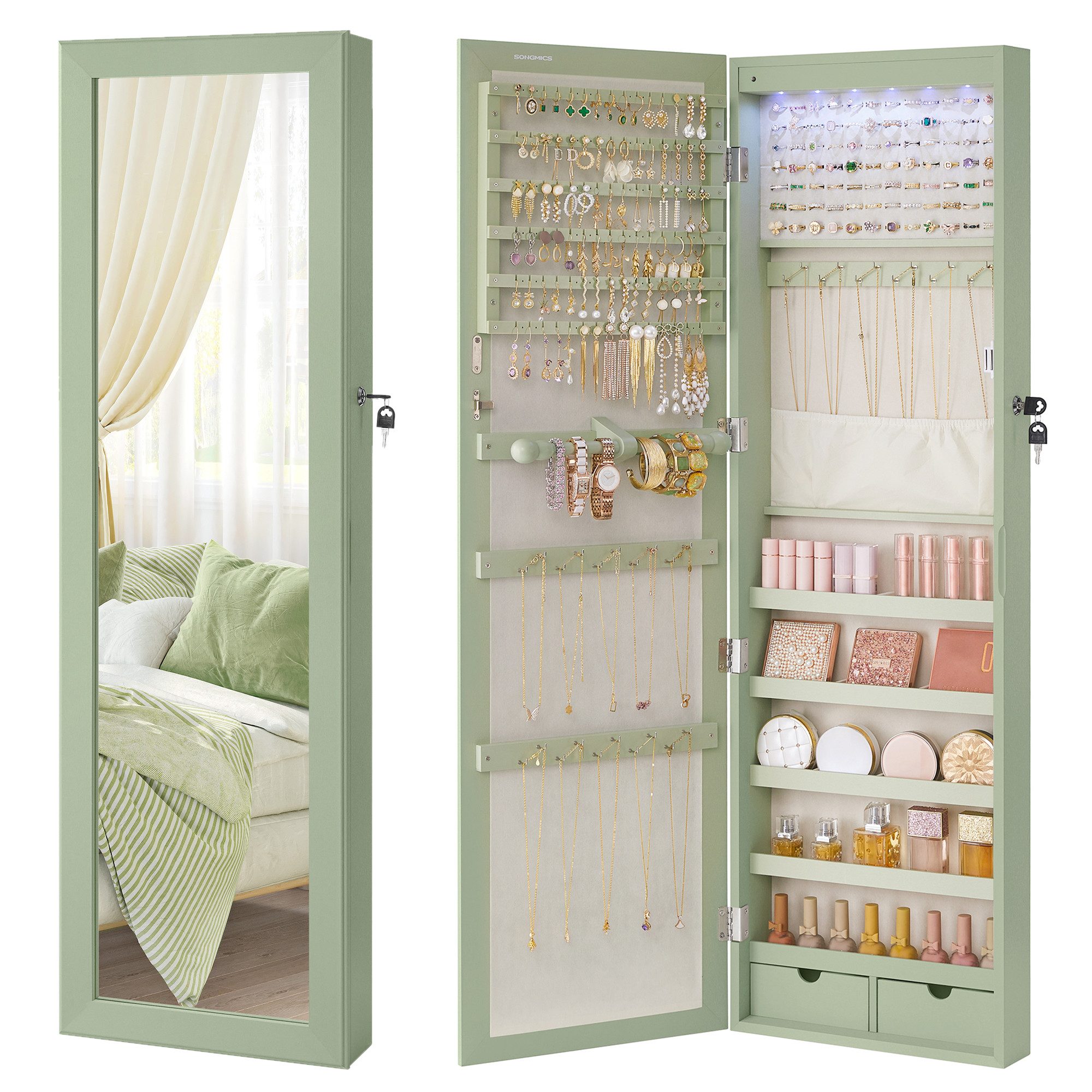 SONGMICS Schmuckschrank Spiegelschrank Wandspiegel Schmuck-Organizer mit LE günstig online kaufen