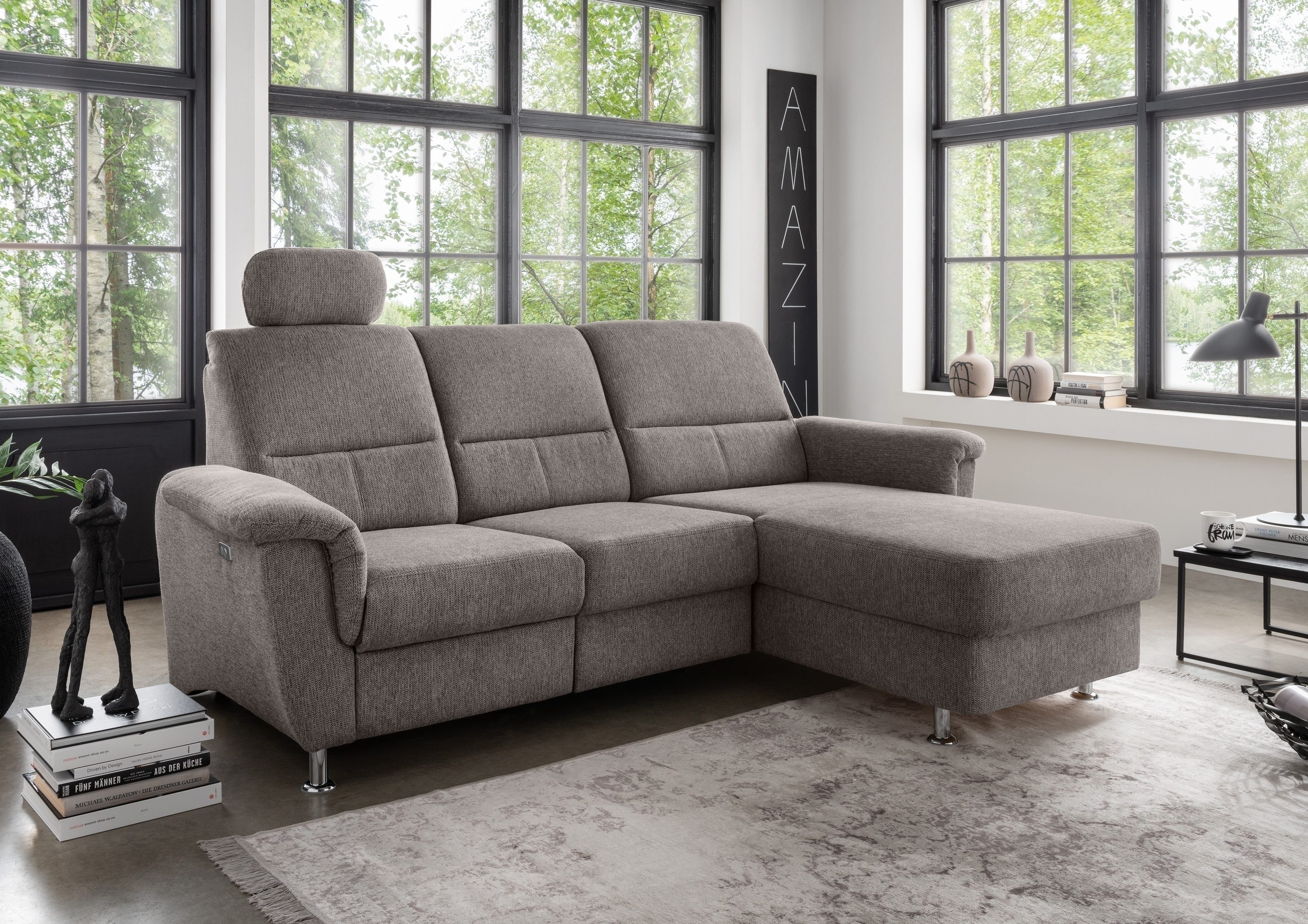 freiraum Ecksofa Ludwigshafen, Motor-funktion, Kopfstütze, Stauraum, grau-braun - 231x113x165 (BxHxT)