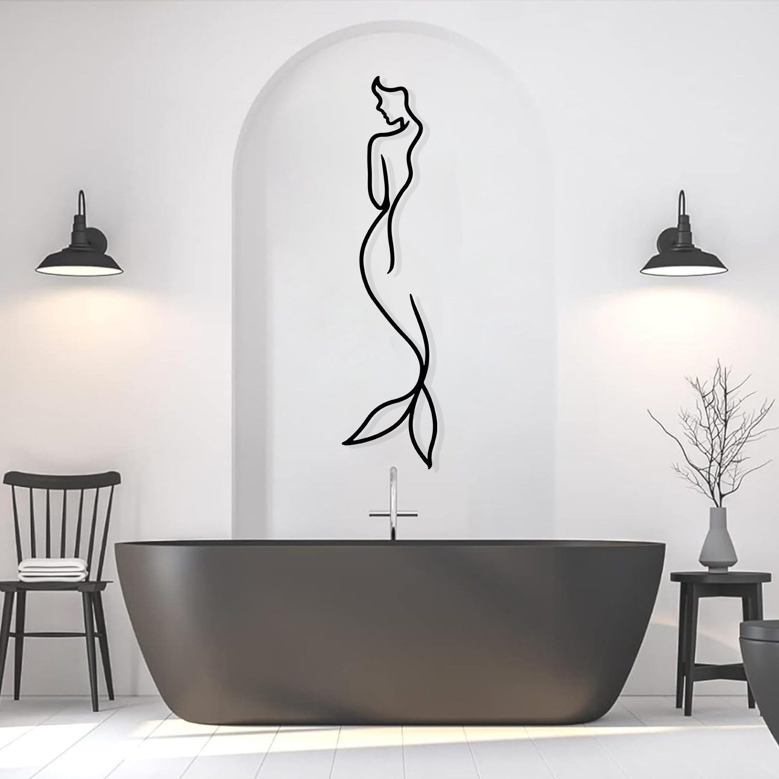 Jumpeak Wanddekoobjekt Fischfrau-Wanddekoration,Metall,Linien-Silhouette,Geschenke für Frauen (wand deko schwarz, weiß, gold, silber,5 Größen, Kunst und Design), wanddekoration badezimmer,zimmer deko aesthetic,wanddeko metall