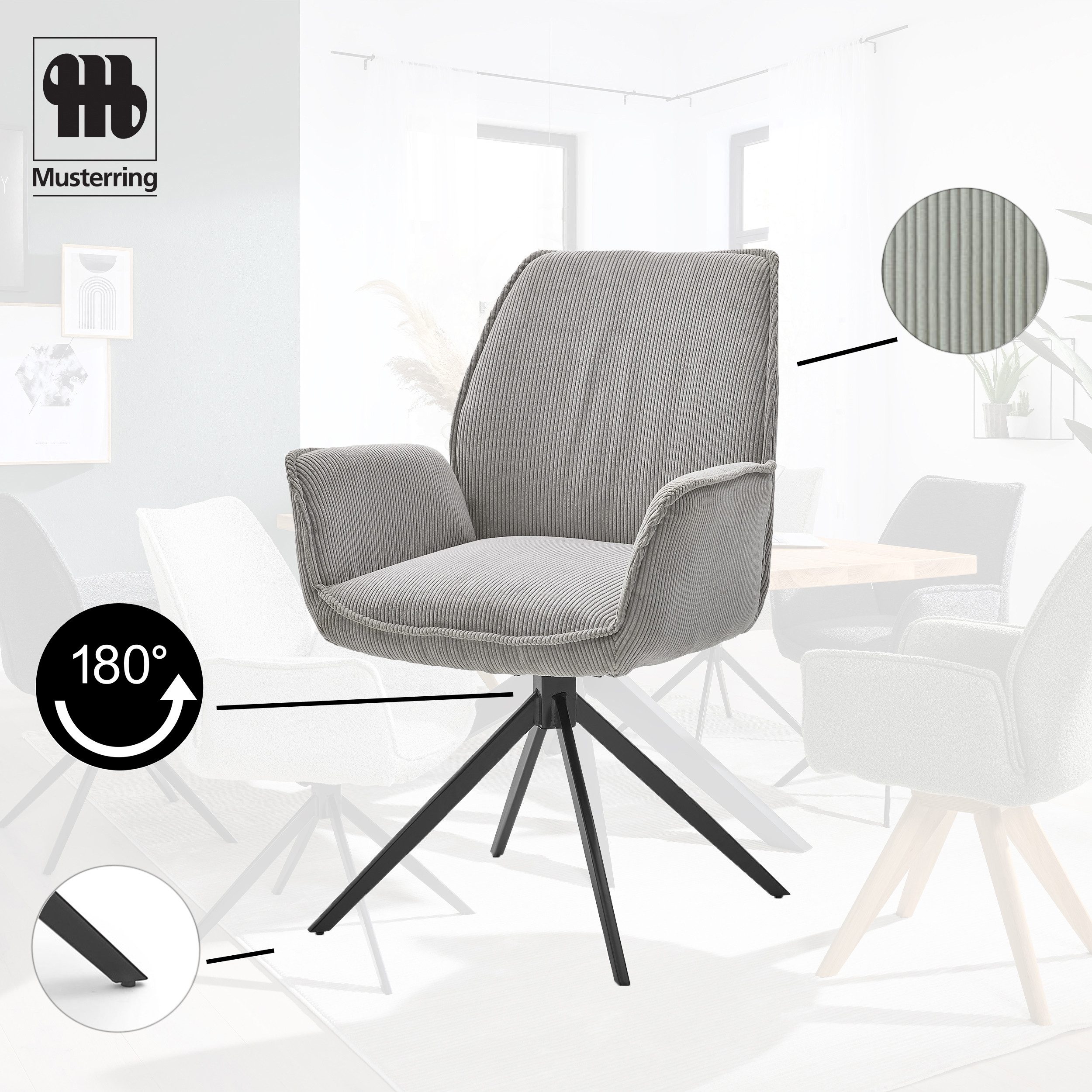 Musterring Esszimmerstuhl Tiama (Set, 2 St), Stativgestell aus Eisen schwarz, 180° drehbar, Stoff Cord oder Bouclé