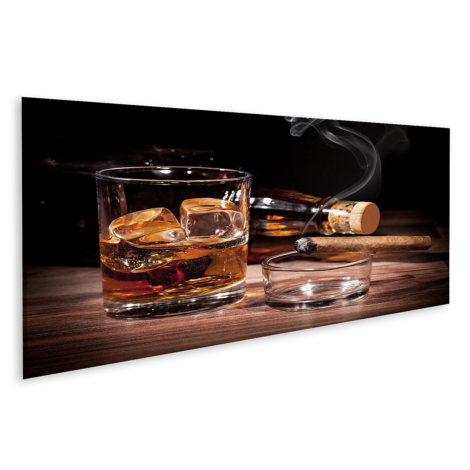 Leinwandbild Bild auf Leinwand Glas Whiskey und eine Zigarre auf schwarzem Hintergr