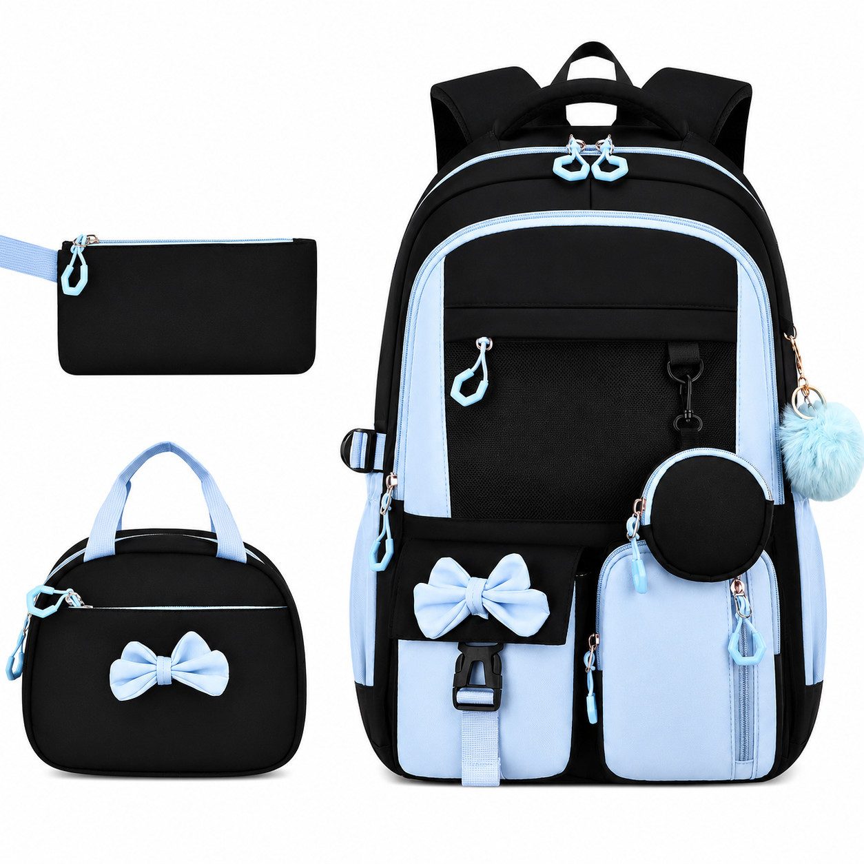 MOPUEA Schulrucksack Schulrucksack-Set Schultasche Teenager Turnbeutel (3-tlg., mit isolierter Lunchtasche, abnehmbarem Münzbeutel & Federmappe), Süße Schultasche Mit Schleife, Langlebiges Material & pflegeleicht