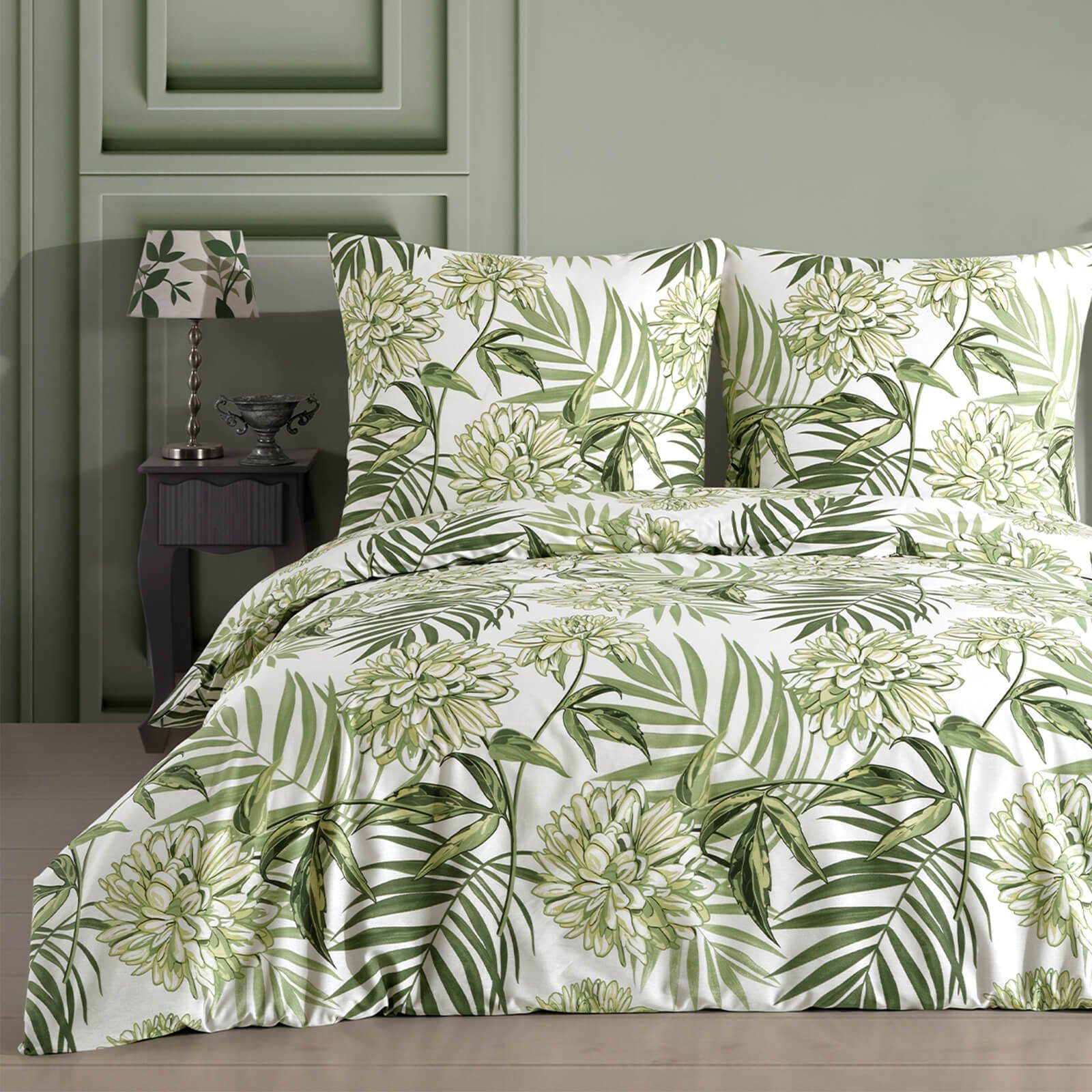 Bettwäsche, Buymax, Renforcé: 100% Baumwolle, 2 teilig, 155x220 cm, Bettbezug-Set, mit Reißverschluss, Blumen Eukalyptus Grün