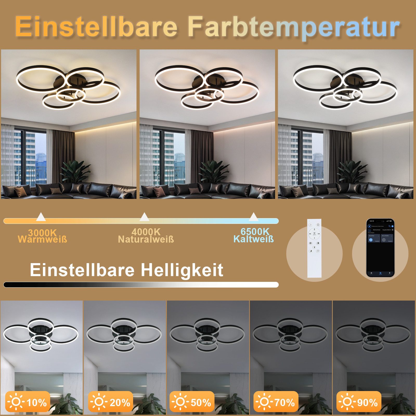 ZMH LED Deckenleuchte Wohnzimmerlampe Dimmbar 78W, 3000-6500K, 5-Ringen Gold Modern Acryl mit Fernbedienung