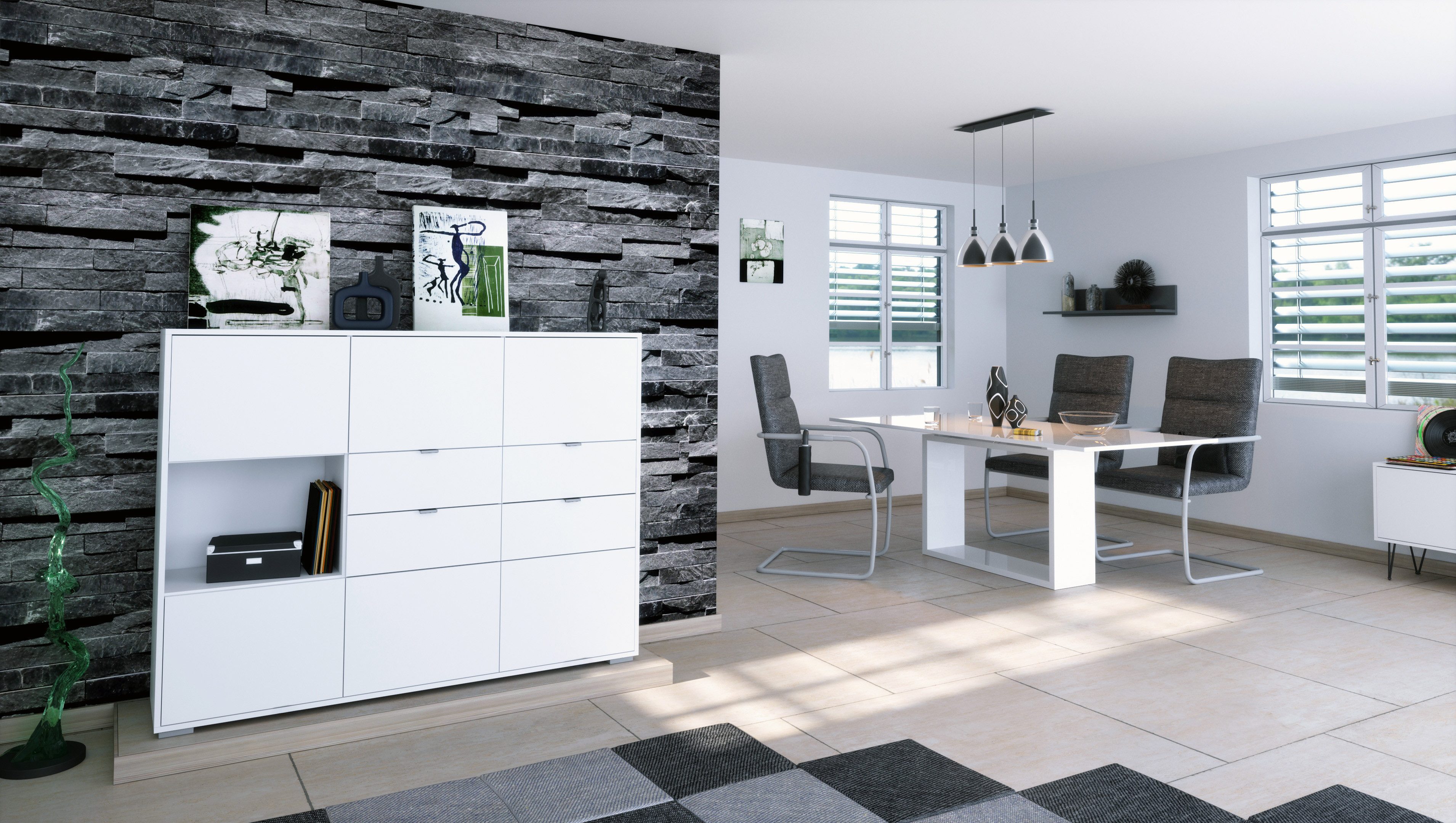 Vladon Highboard Milano (Highboard mit 6 Türen Weiß matt, 4 Schubladen Weiß matt, Made in Germany), Korpus Weiß matt (152,5 x 118 x 37 cm)