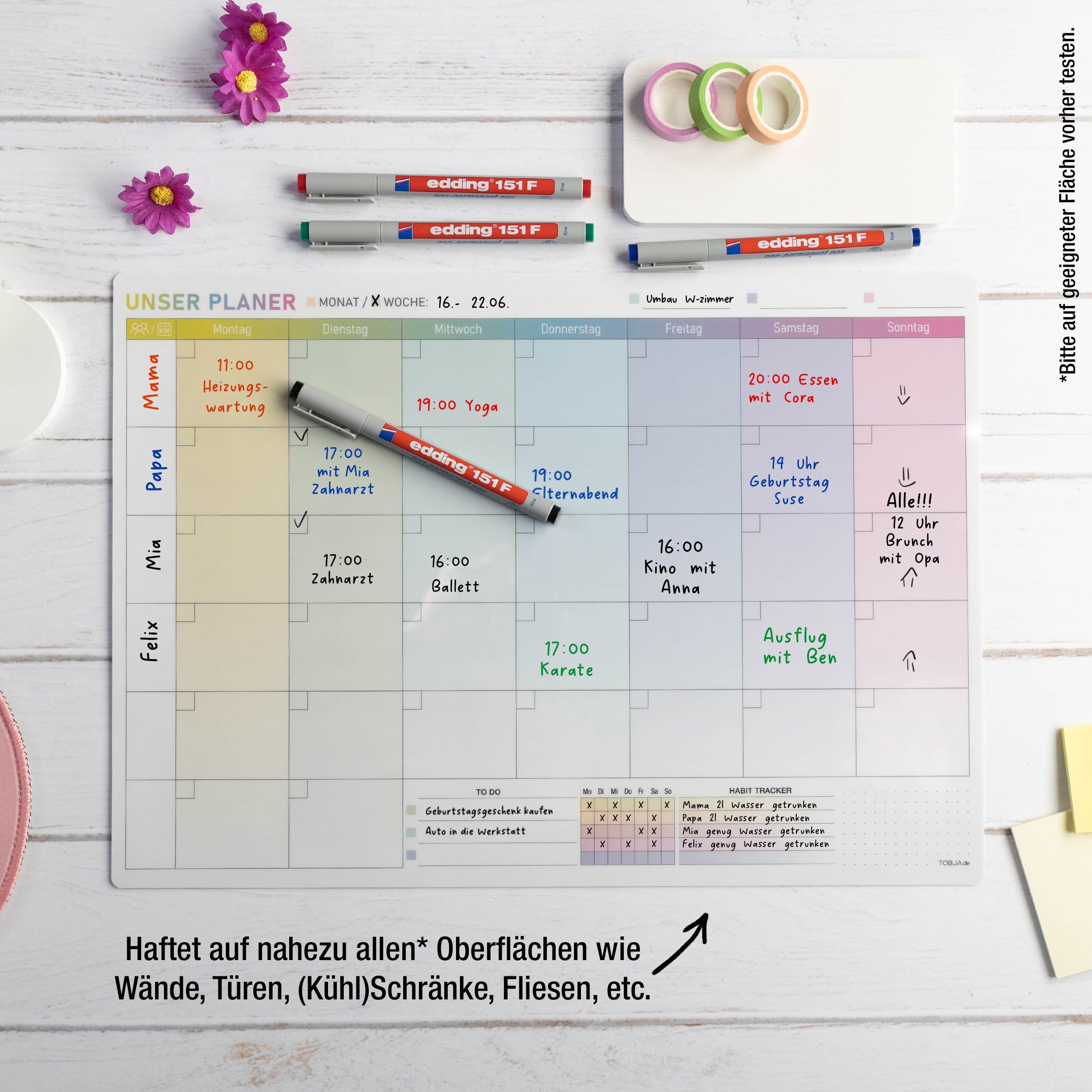 TOBJA Wandtafel A3 selbsthaftender Monatsplaner abwischbar inkl. Stifte, Wochenplaner Whiteboard Planer – Bild 3 von 5