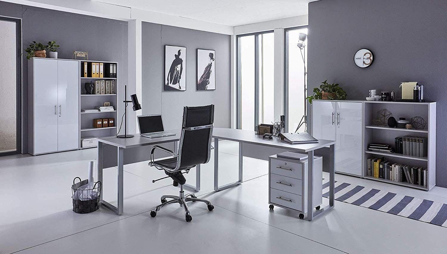 Tabor Hochglanz Büro-Set (Set, 1, 8-St) Office grau/weiß BMG Möbel