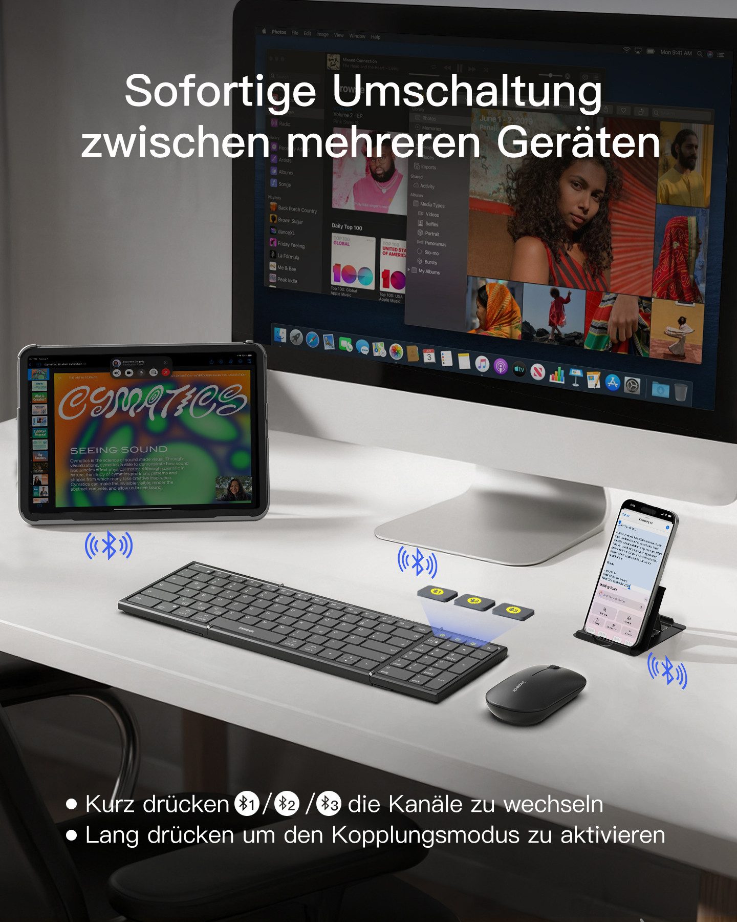 Inateck Faltbare Kabellos Klappbare Tastatur mit Ziffernblock mit 3 Kanälen Tastatur- und Maus-Set, mit Ständer und Zubehör Tasche