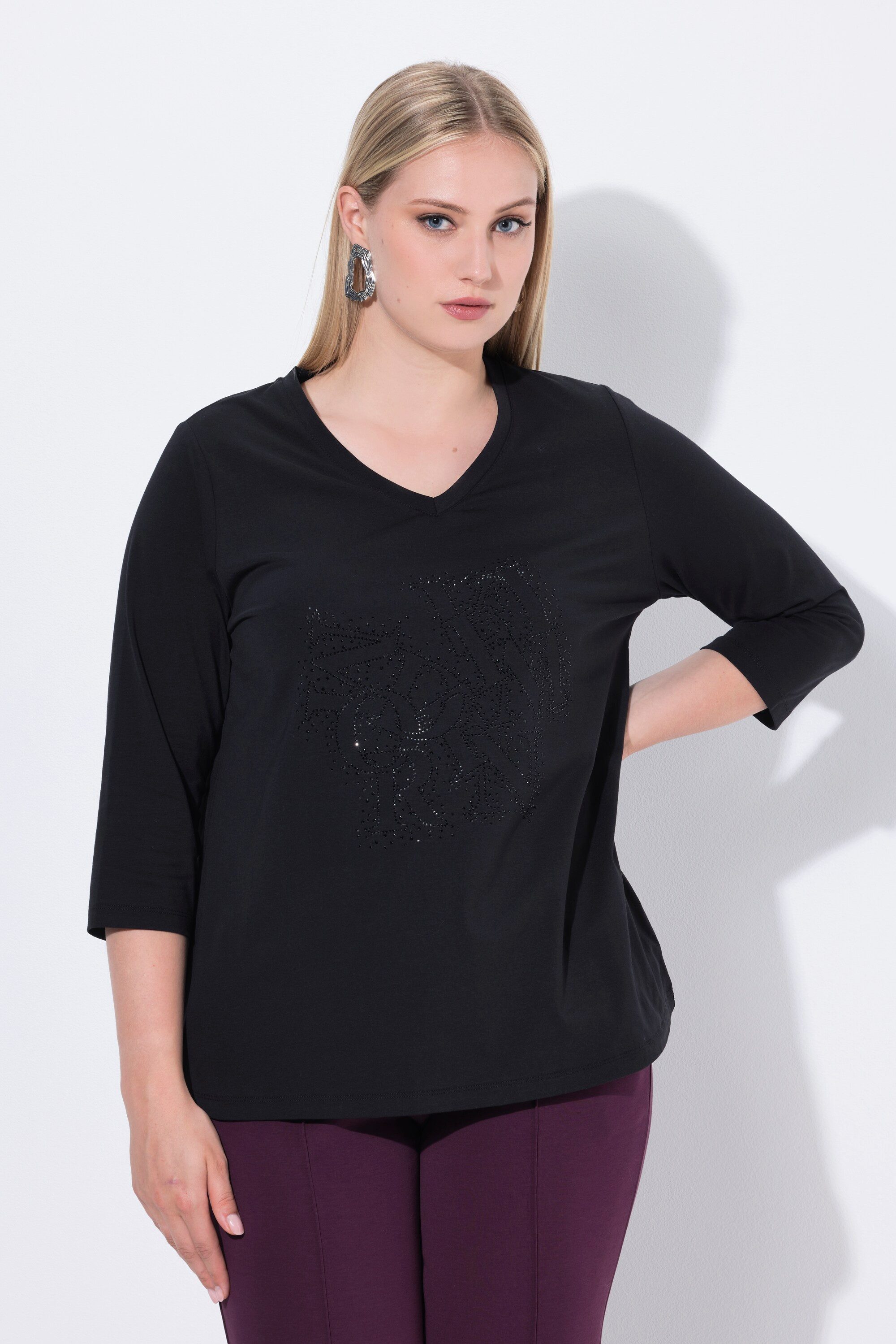 Longsleeve Shirt Ziersteine Classic V-Ausschnitt 3/4-Arm