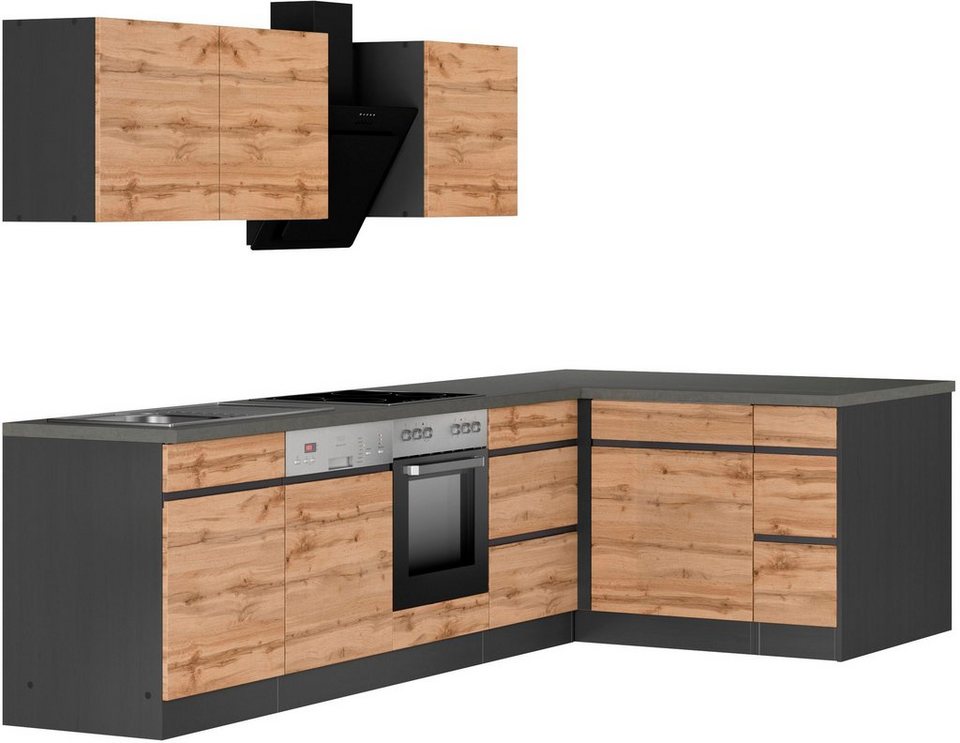 HELD MÖBEL Küche Riesa, Stellbreite 340x150 cm, wahlweise mit oder ohne  E-Geräte, Arbeitsplatte mit Postformingkante