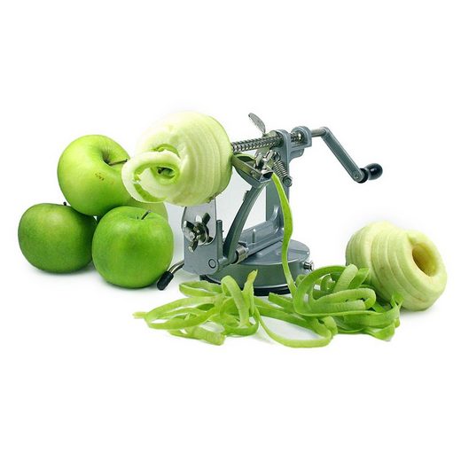 Goods+Gadgets Apfelschäler »Edelstahl Sparschäler«, (3-in-1 Funktion, Apfelschneider, Schäler & Entkerner), Obst- & Gemüseschäler