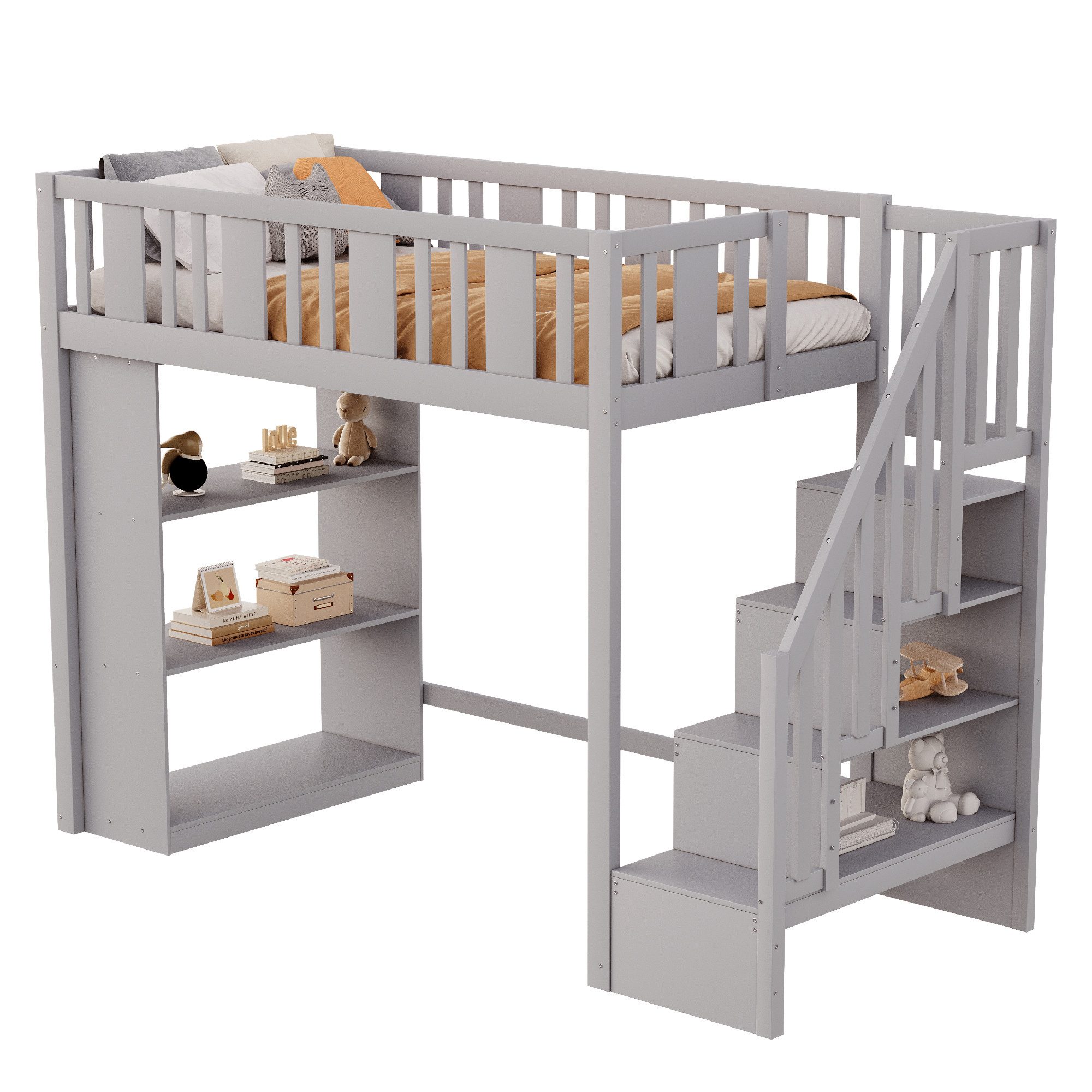 REDOM Kinderbett mit Stauraumtreppe aus Kiefernholz, Sicherheitsleiter (Hochbett mit Stauraum für Spielzeug und Schulmaterial, Etagenbett, ideal für kleine Zimmer 90x200 cm), ohne Matratze