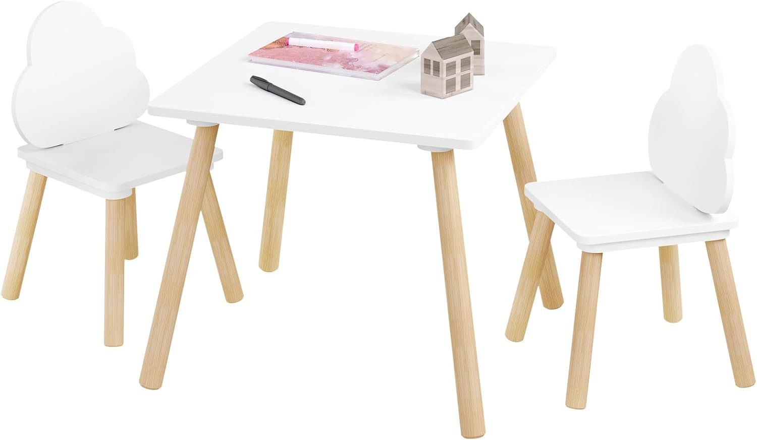 Woltu Kindersitzgruppe, (1-tlg), weiß, Kindertisch mit 2 Stühlen, mit Stauraum Netztasche
