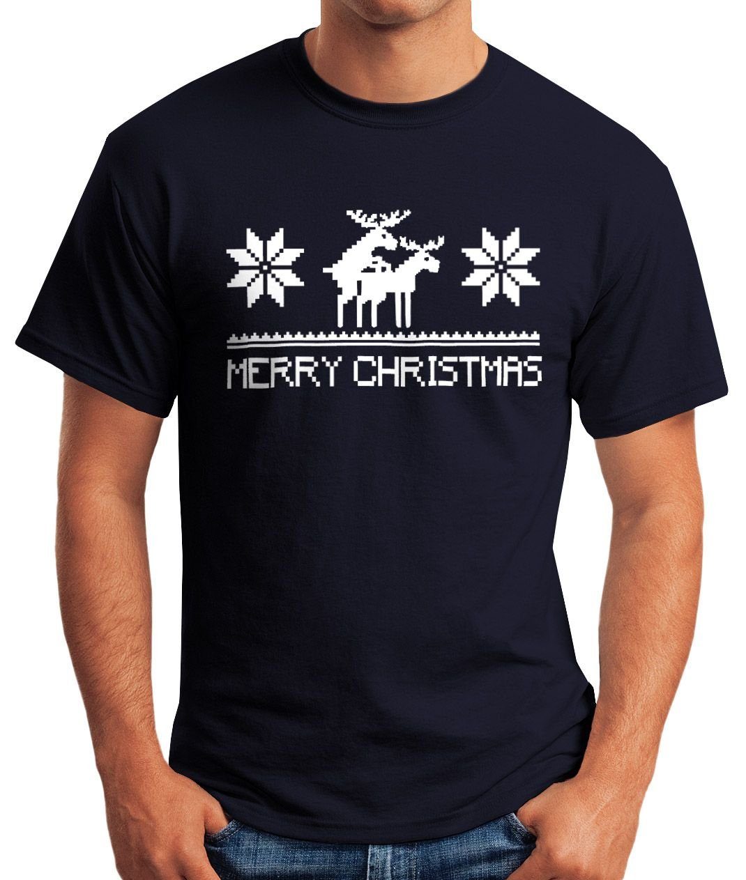 navy Merry Christmas Fun-Shirt T-Shirt Print mit Weihnachten Print-Shirt MoonWorks Herren Moonworks®