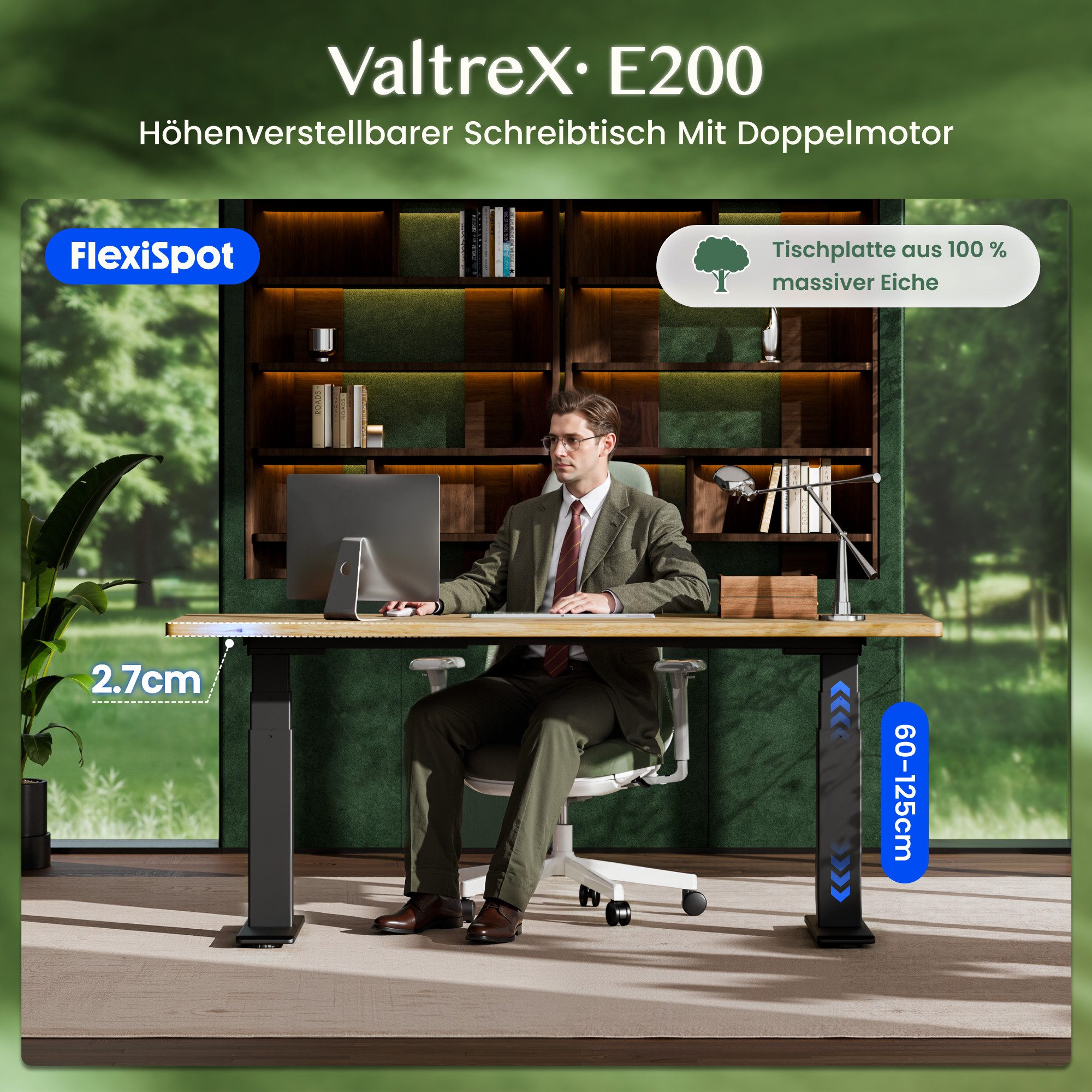 FLEXISPOT Schreibtisch ValtreX E200 Elektrisch höhenverstellbarer Schreibtisch mit Dualmotor (2 Motore, 3-Fach-Teleskop, 4 Speicherplätze, mit 27 mm Massivholzplatte aus türkischer Weißeiche), Kollisionschutz Funktion, USB Ladeanschluss, MAX Load: 200KG