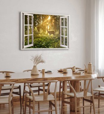 Sinus Art Leinwandbild Wandbild 120x80cm Fensterbild Natur Hirsch Wald Sonnenstrahl Bäume, (1 St)