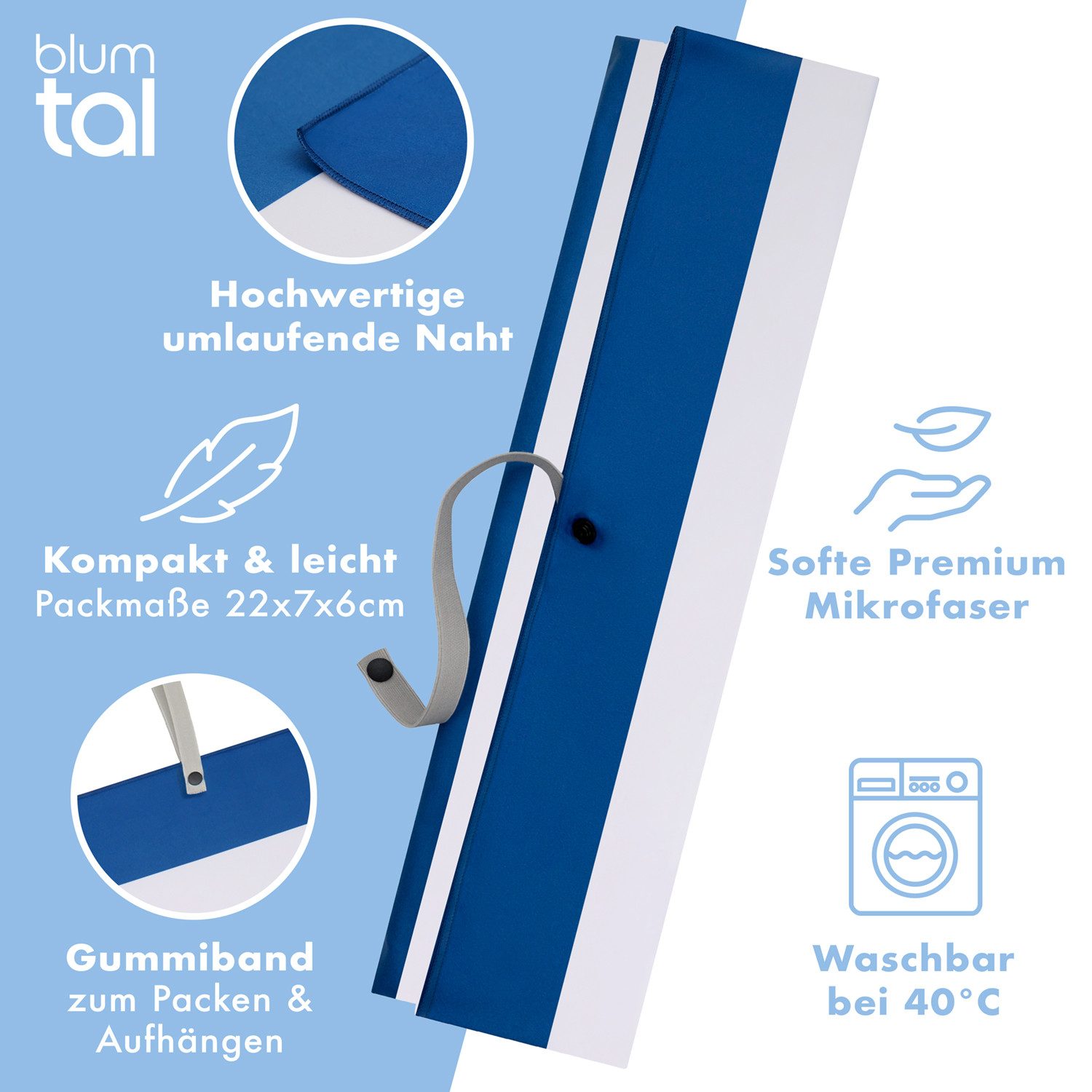 Blumtal Reisehandtuch Strandhandtuch 90x180 cm aus Mikrofaser - kompakt & schnelltrocknend, sandfrei mit Band - Mikrofaser Handtuch groß mit Wellen-Muster