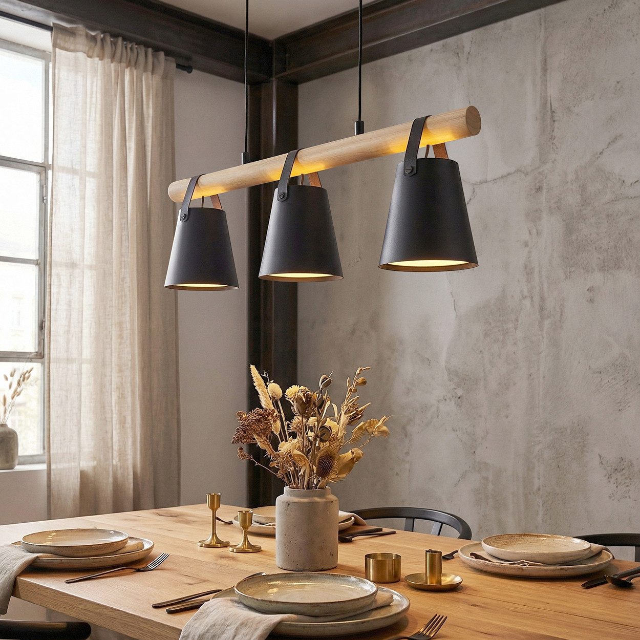 hofstein Hängeleuchte Hängelampe aus Metall/Holz/Kunststoff in Schwarz/Natur/Weiß, ohne Leuchtmittel, moderne Pendelleuchte im Boho/Retro-Design mit Holzstab, 3 x E27
