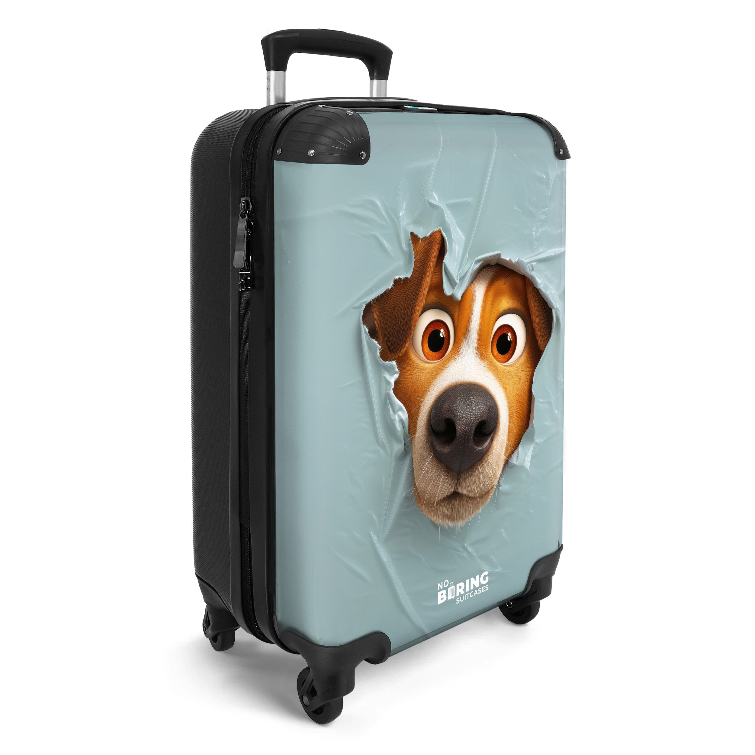NoBoringSuitcases.com© Kinderkoffer Brauner Hund durch zerrissenes blaues Plastik 55x35x20cm, 4 Rollen, Kinder Koffer Klein, Trolley Handgepäck, Reisekoffer
