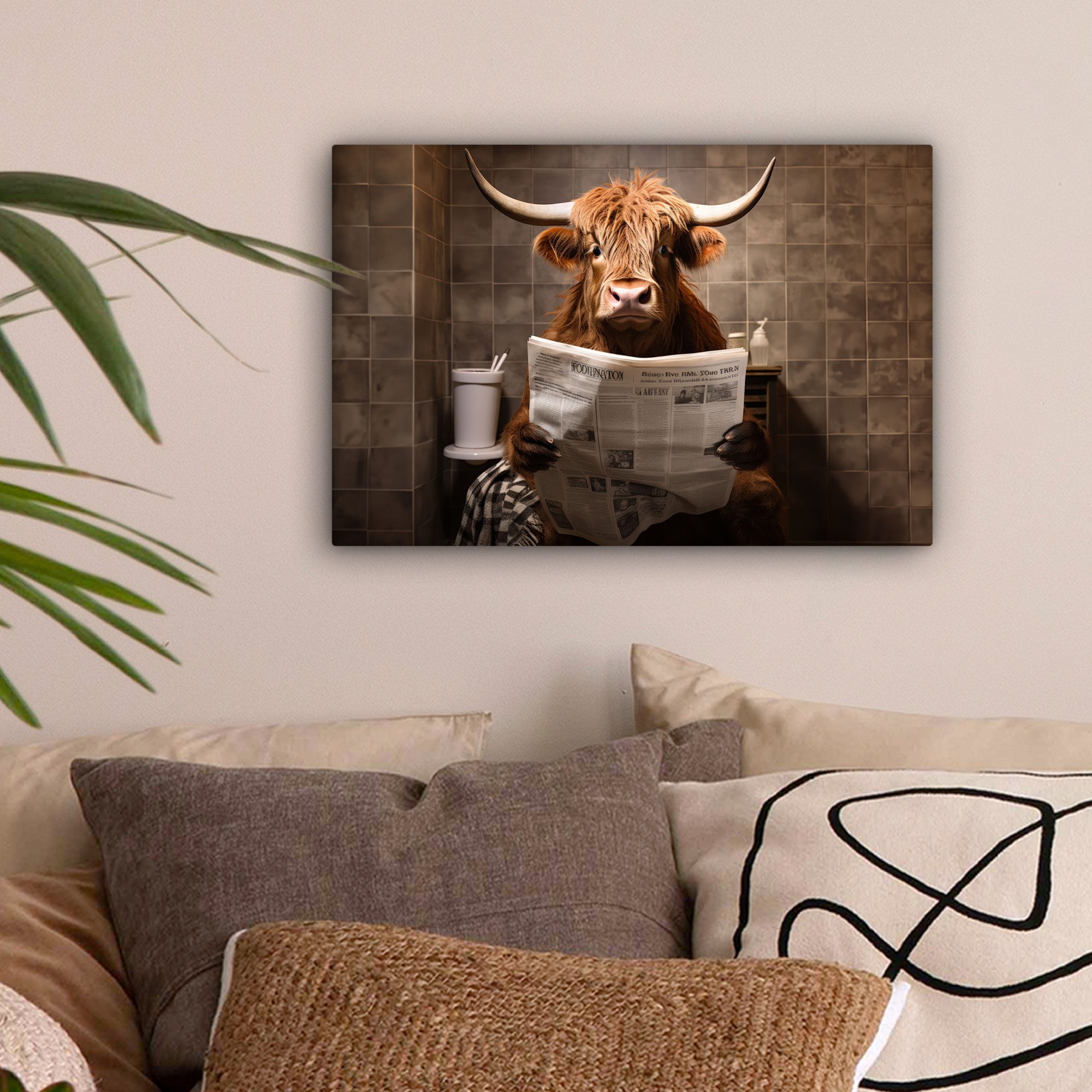 OneMillionCanvasses® Leinwandbild Schottische Highlander - Zeitung - Toilet günstig online kaufen