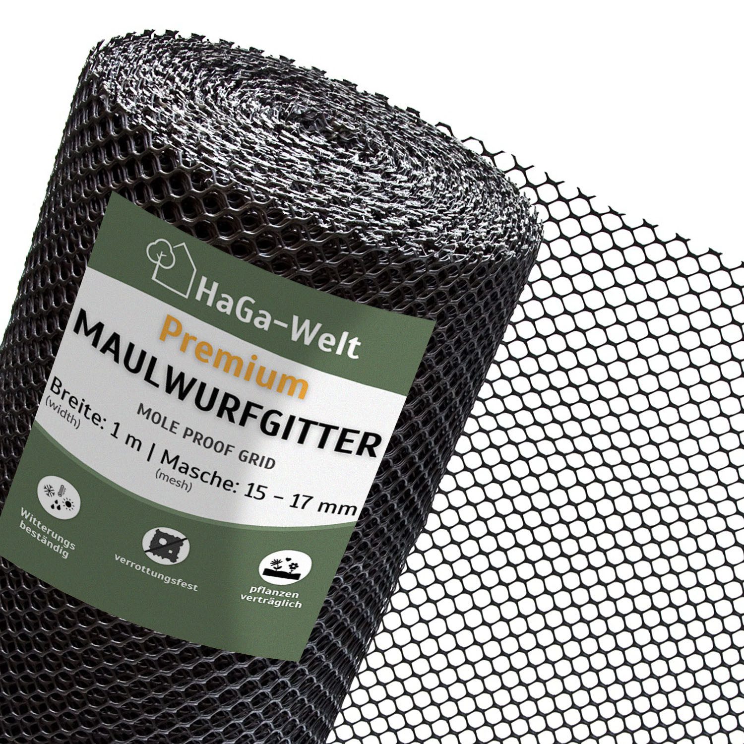 HaGa Maulwurfgitter HaGa Premium Maulwurfsperre 1 m Br., 15 mm Masche tierfreundliche, Maulwurfschutzgitter, UV-beständig, Maulwurfbekämpfung, Rasenschutz