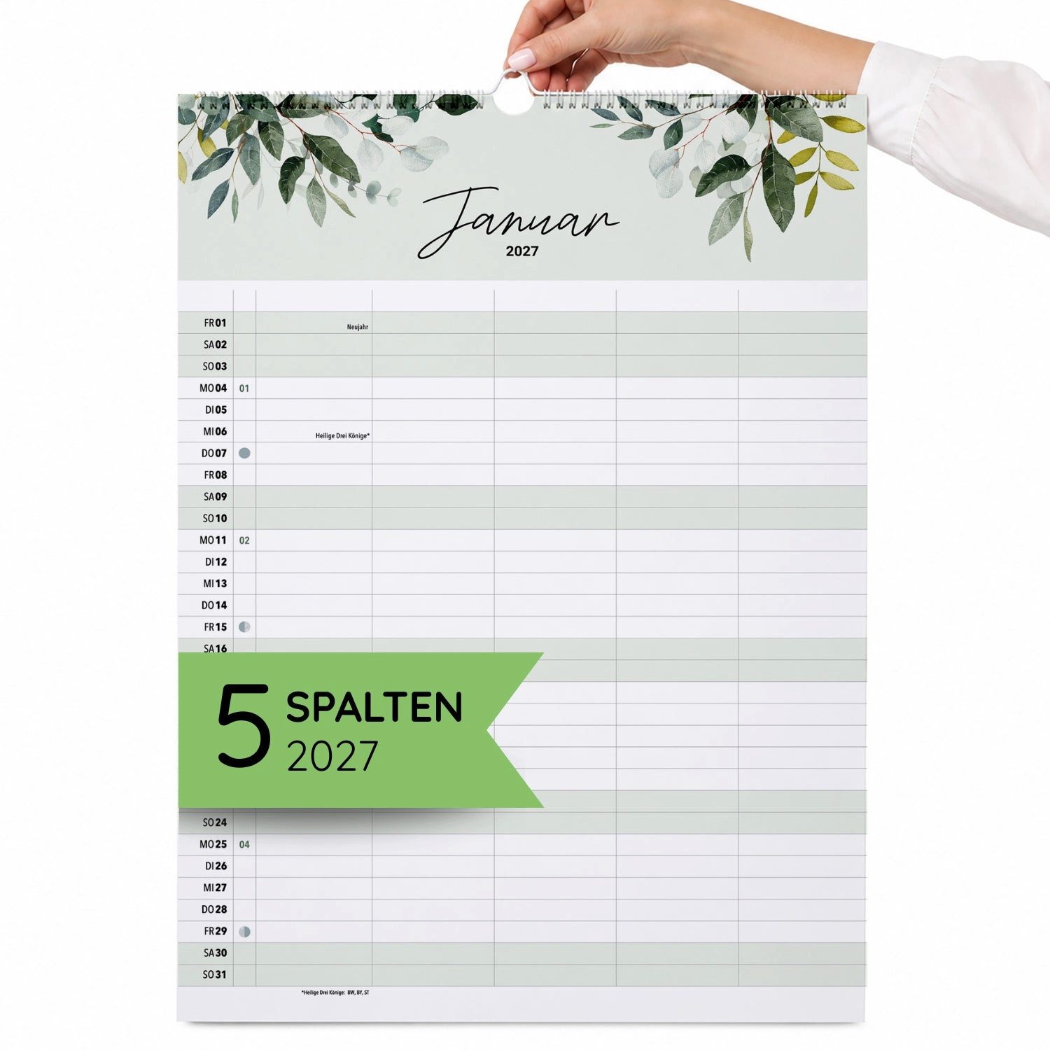 heaven+paper Familienkalender A3 Familienplaner Green 5 Spalten 2027 botanisch, hochwertig, Hergestellt in Deutschland
