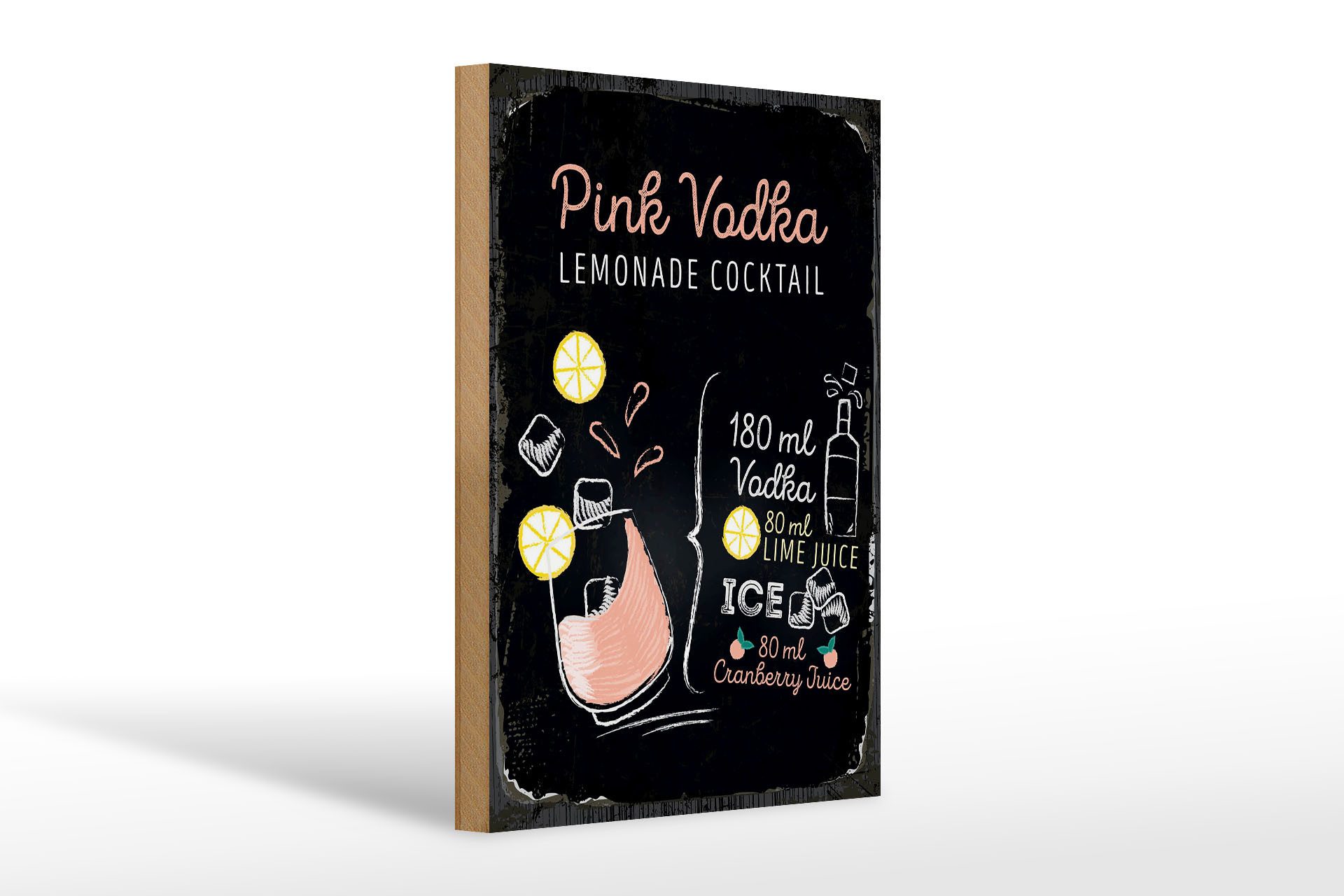 Holzbild Rezept Pink Vodka Cocktail Recipe 20x30cm