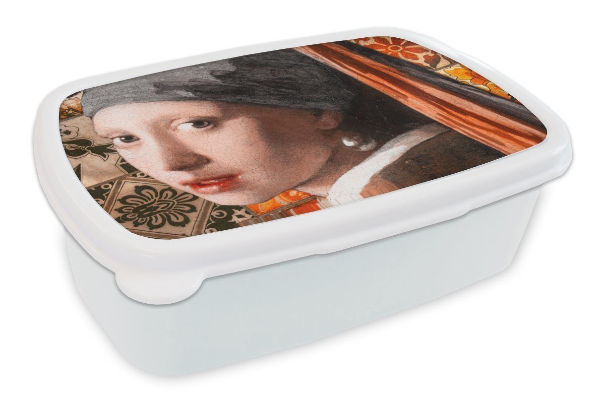 MuchoWow Lunchbox Das Mädchen mit dem Perlenohrring - Vermeer - Collage, Kunststoff, (2-tlg), Brotbox für Kinder und Erwachsene, Brotdose, für Jungs und Mädchen weiß | Lunchboxen