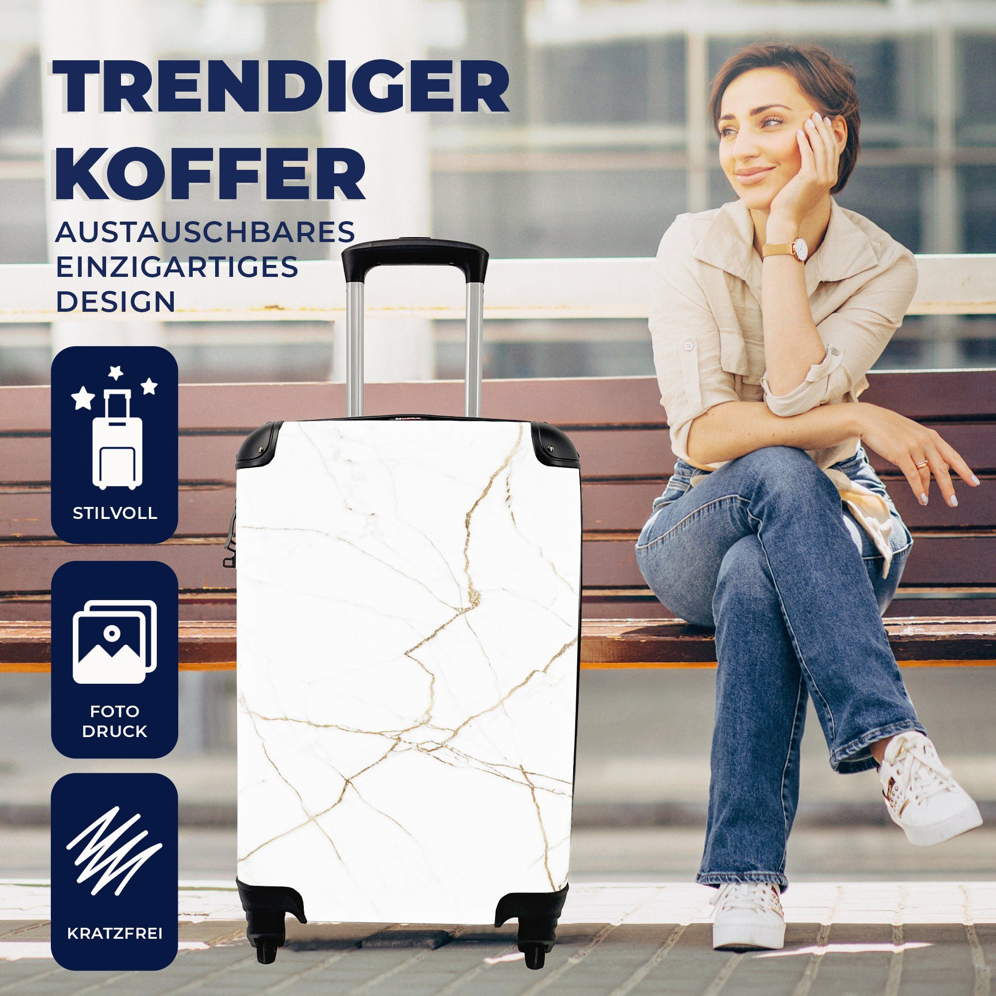 mit rollen, Ferien, Rollen, - MuchoWow Reisekoffer Marmor 4 Gold, Reisetasche Trolley, Weiß - Handgepäckkoffer für Handgepäck